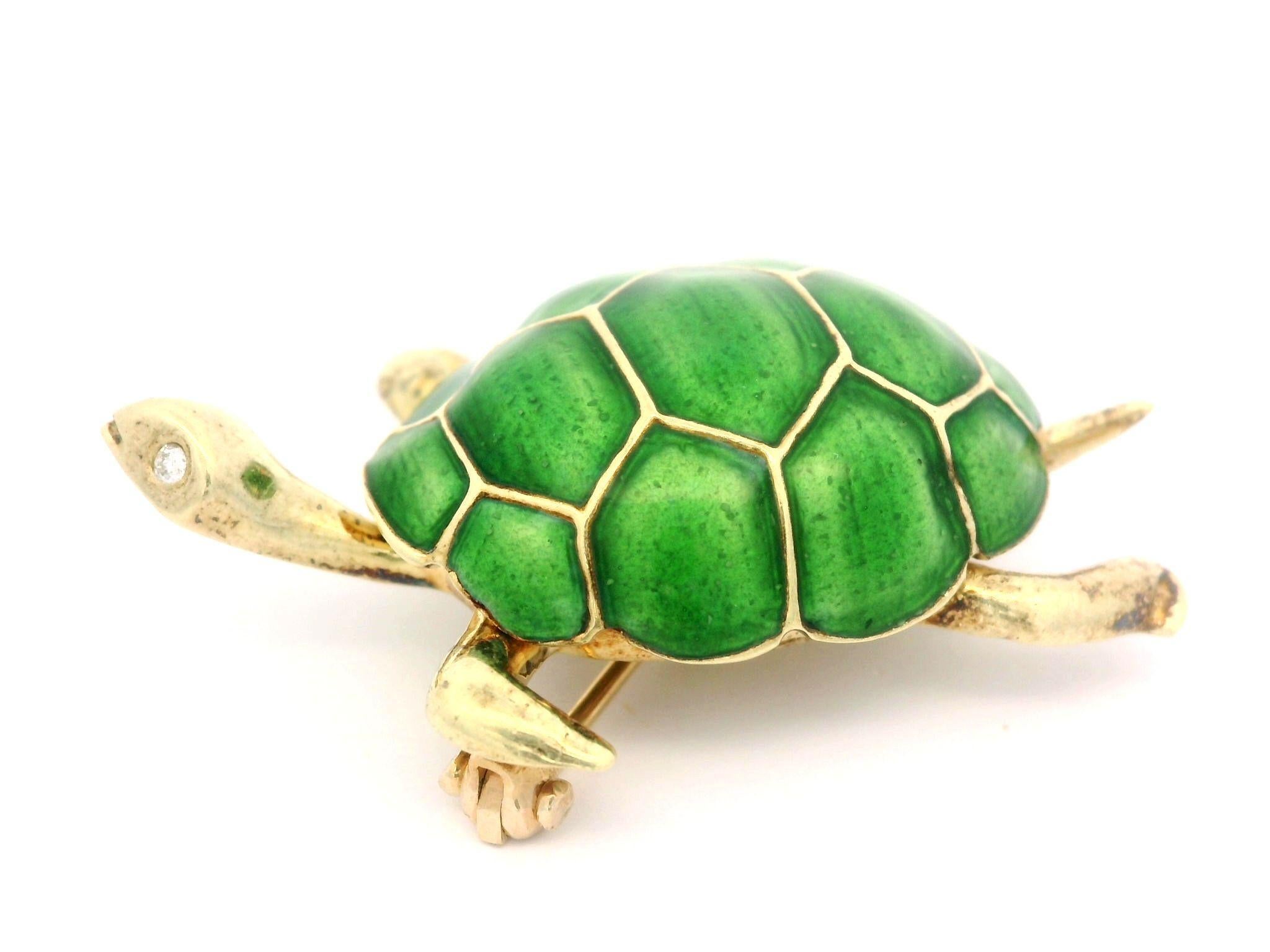14k Yellow Gold Pave Diamond Eyes Green Enamel Work Detailed Turtle Pin Brooch 5