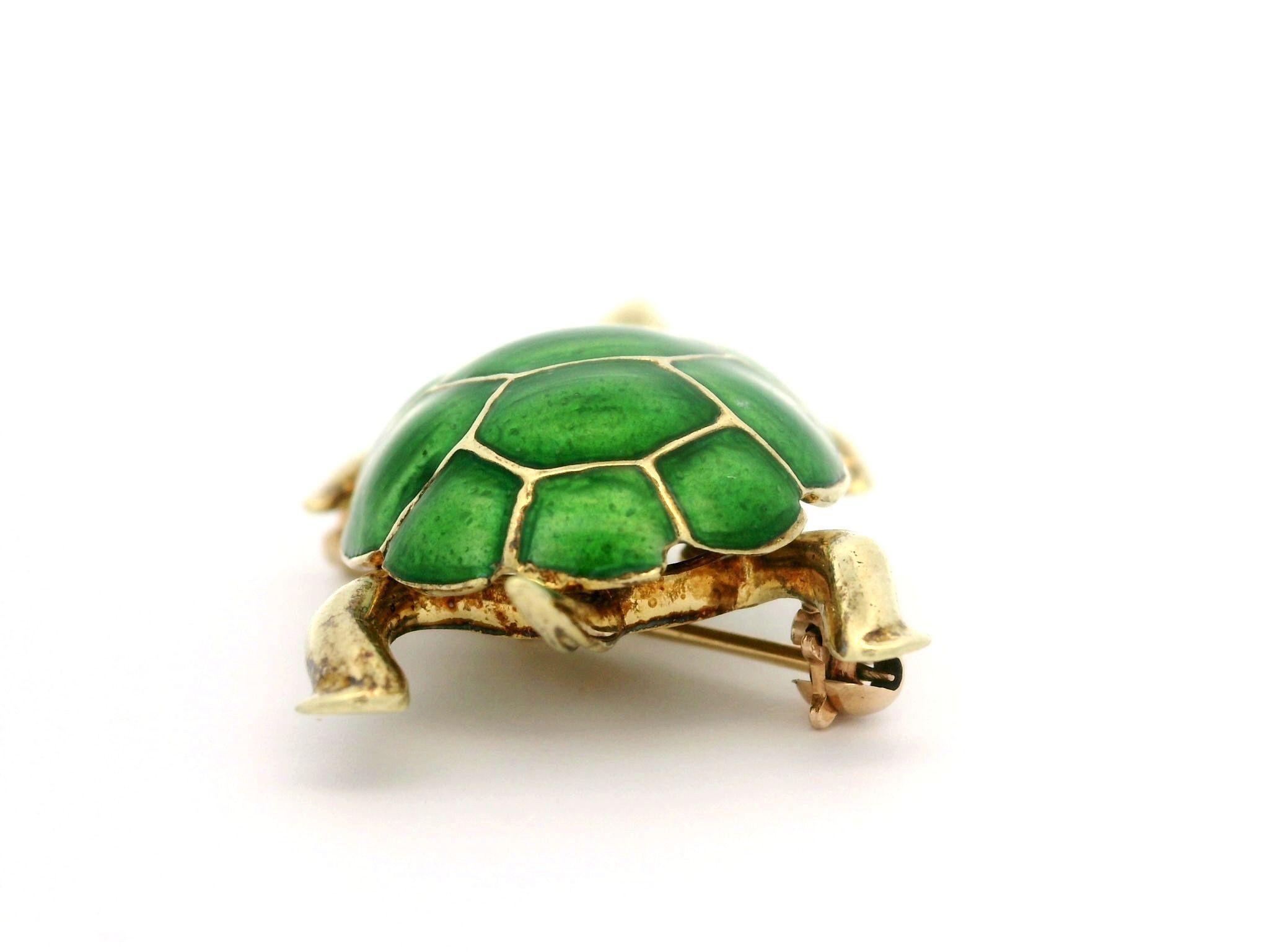 Brilliant Cut 14k Yellow Gold Pave Diamond Eyes Green Enamel Work Detailed Turtle Pin Brooch