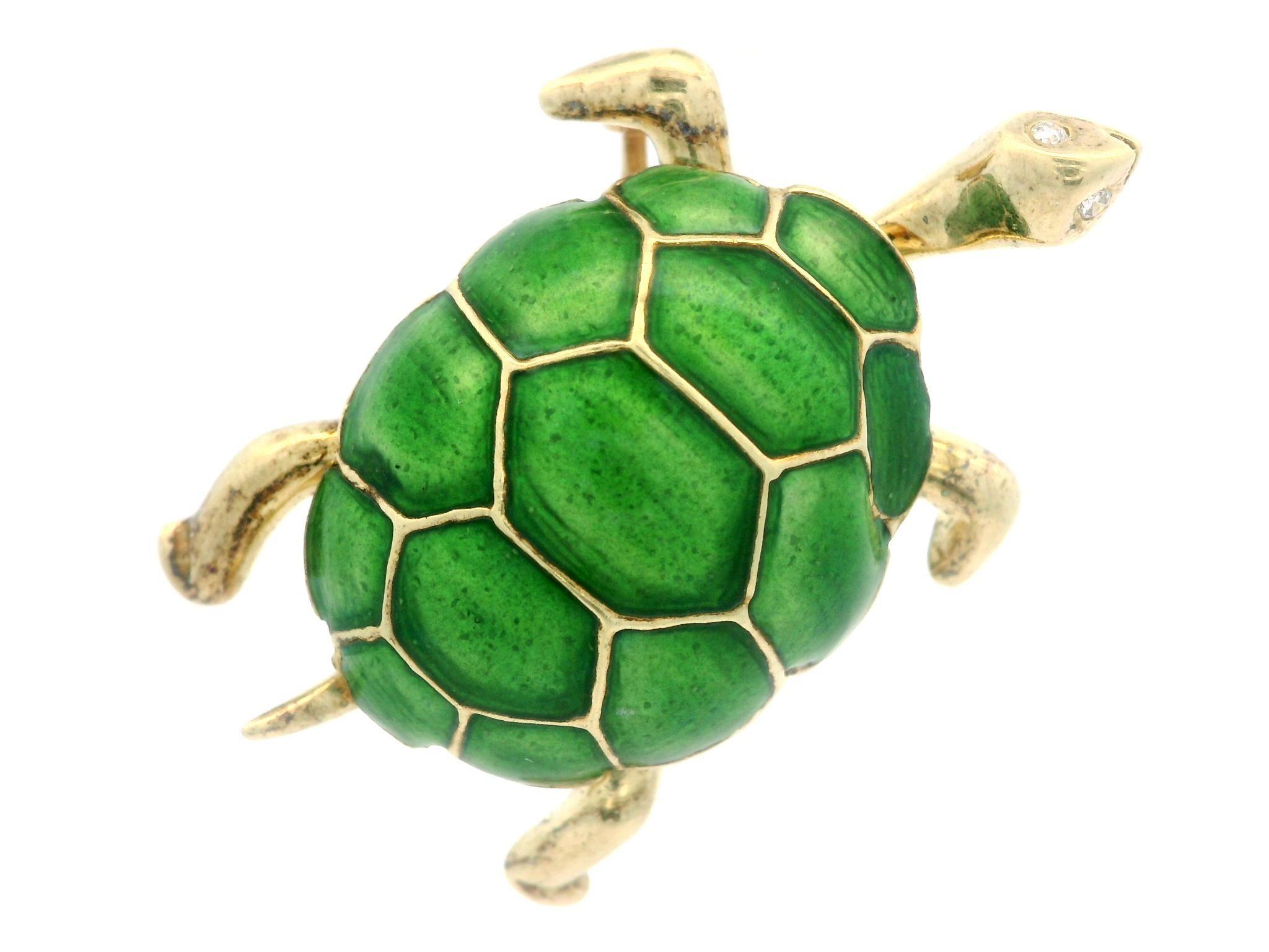 Women's 14k Yellow Gold Pave Diamond Eyes Green Enamel Work Detailed Turtle Pin Brooch