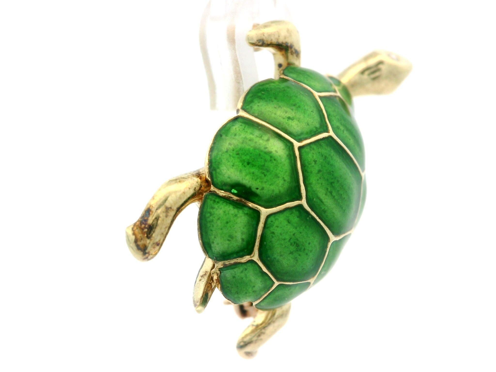 14k Yellow Gold Pave Diamond Eyes Green Enamel Work Detailed Turtle Pin Brooch 1