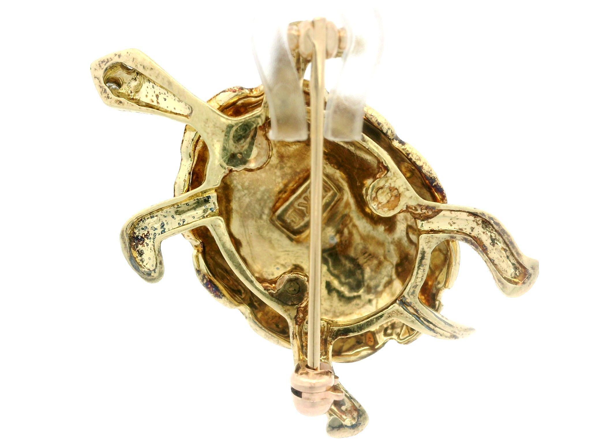 14k Yellow Gold Pave Diamond Eyes Green Enamel Work Detailed Turtle Pin Brooch 2