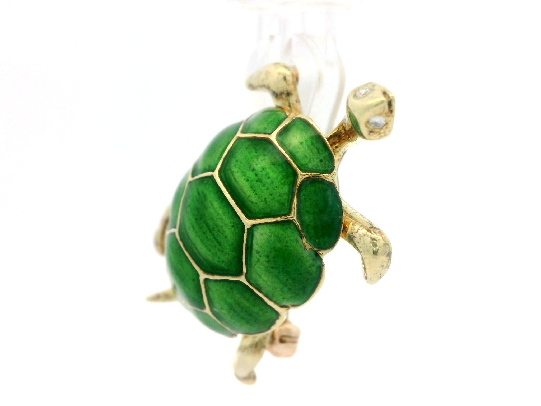 14k Yellow Gold Pave Diamond Eyes Green Enamel Work Detailed Turtle Pin Brooch 3