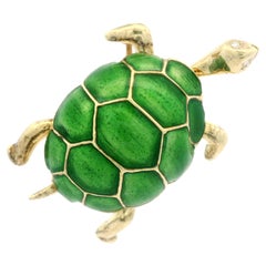 14k Yellow Gold Pave Diamond Eyes Green Enamel Work Detailed Turtle Pin Brooch