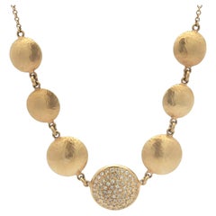 14k Yellow Gold Pave Diamond & Hammered Finish Round Disc Adjustable Necklace