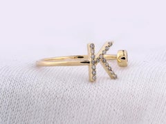 14K Yellow Gold Pave Diamond Initial "K" Open Bypass Ring