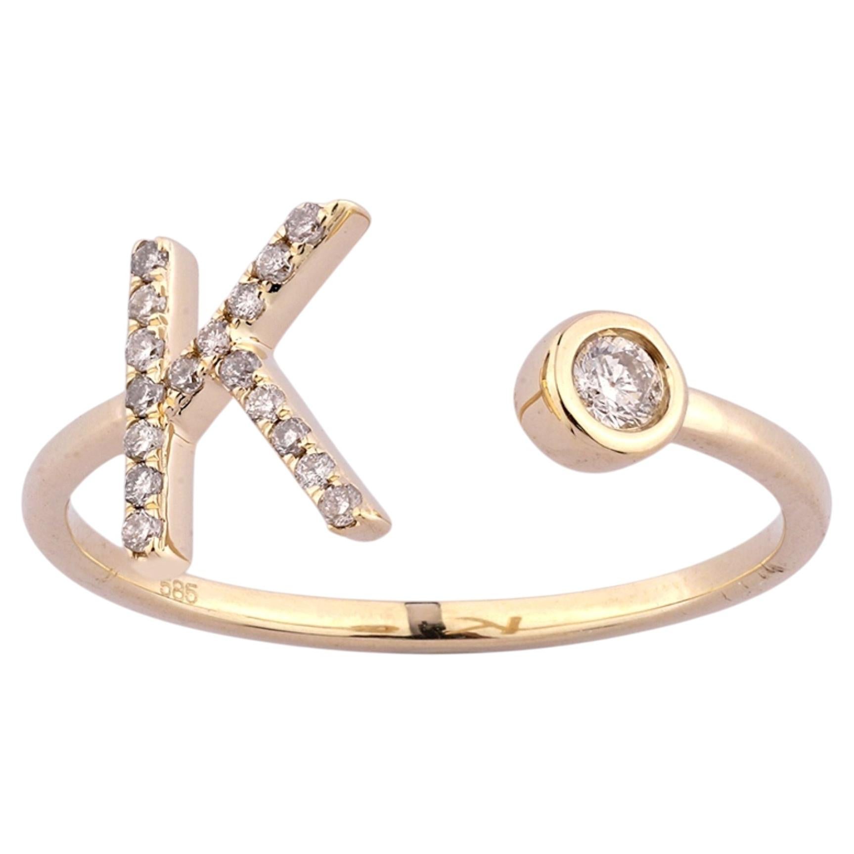 14K Yellow Gold Pave Diamond Initial "K" Open Bypass Ring