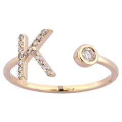 14K Yellow Gold Pave Diamond Initial "K" Open Bypass Ring
