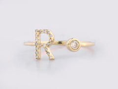 14K Yellow Gold Pave Diamond Initial "R" Open Bypass Ring