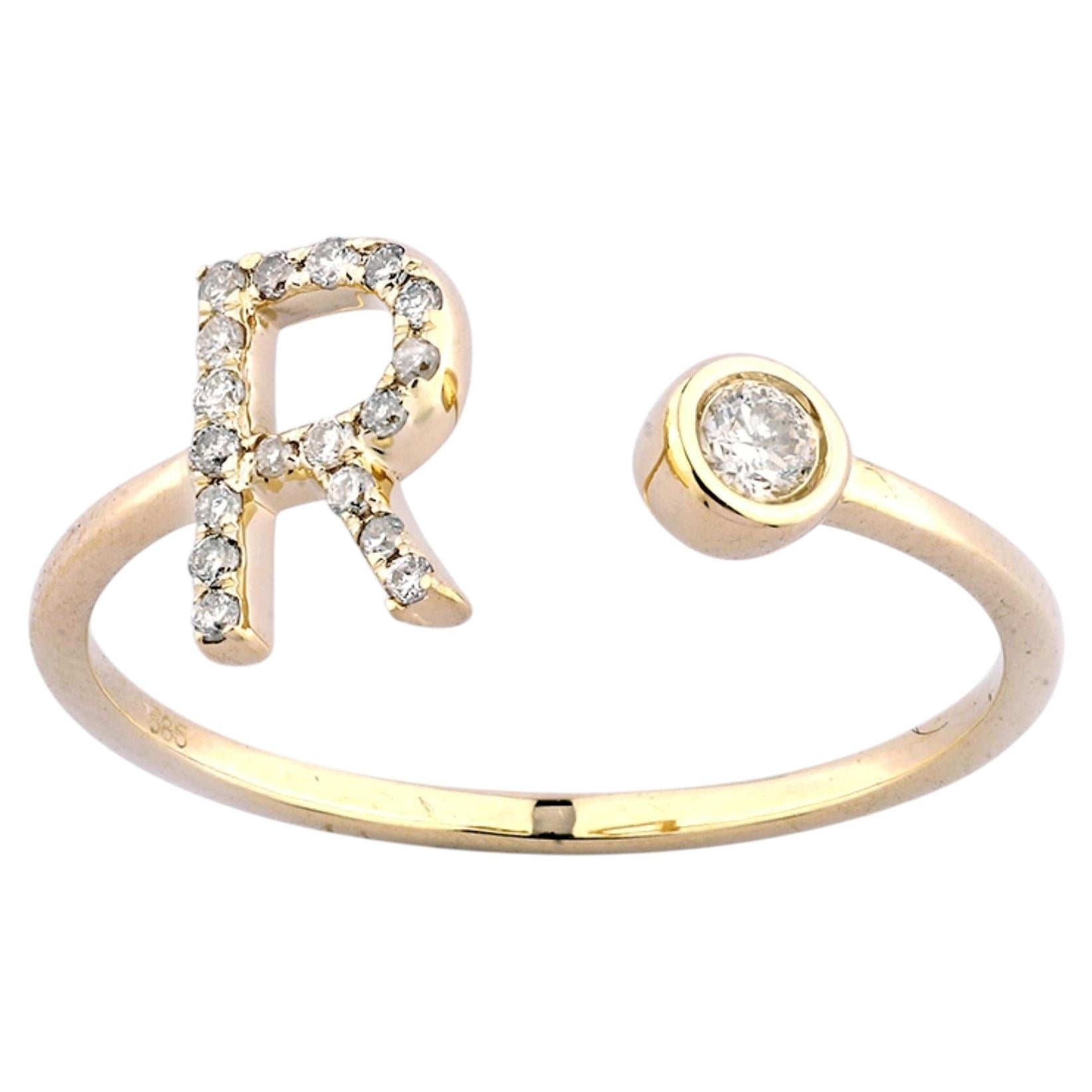 14K Yellow Gold Pave Diamond Initial "R" Open Bypass Ring For Sale