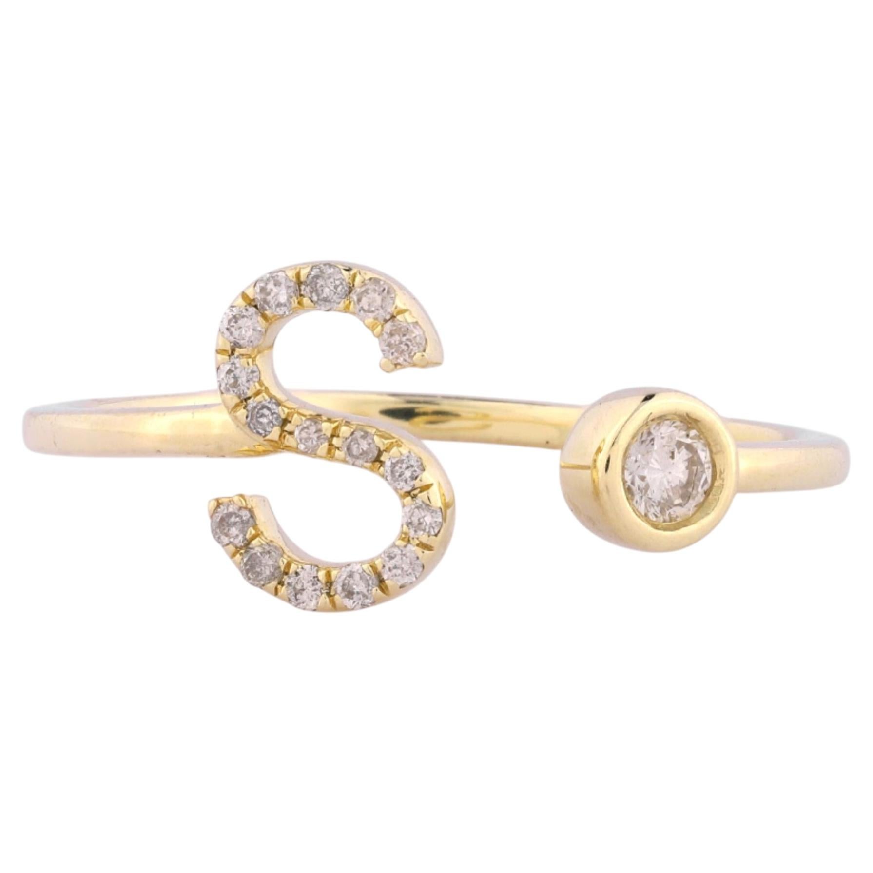14K Yellow Gold Pave Diamond Initial "S" Open Bypass Ring