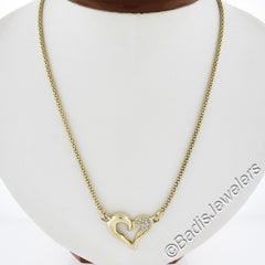 14k Yellow Gold Pave Diamond Open Heart Pendant 17" Popcorn Link Chain Necklace