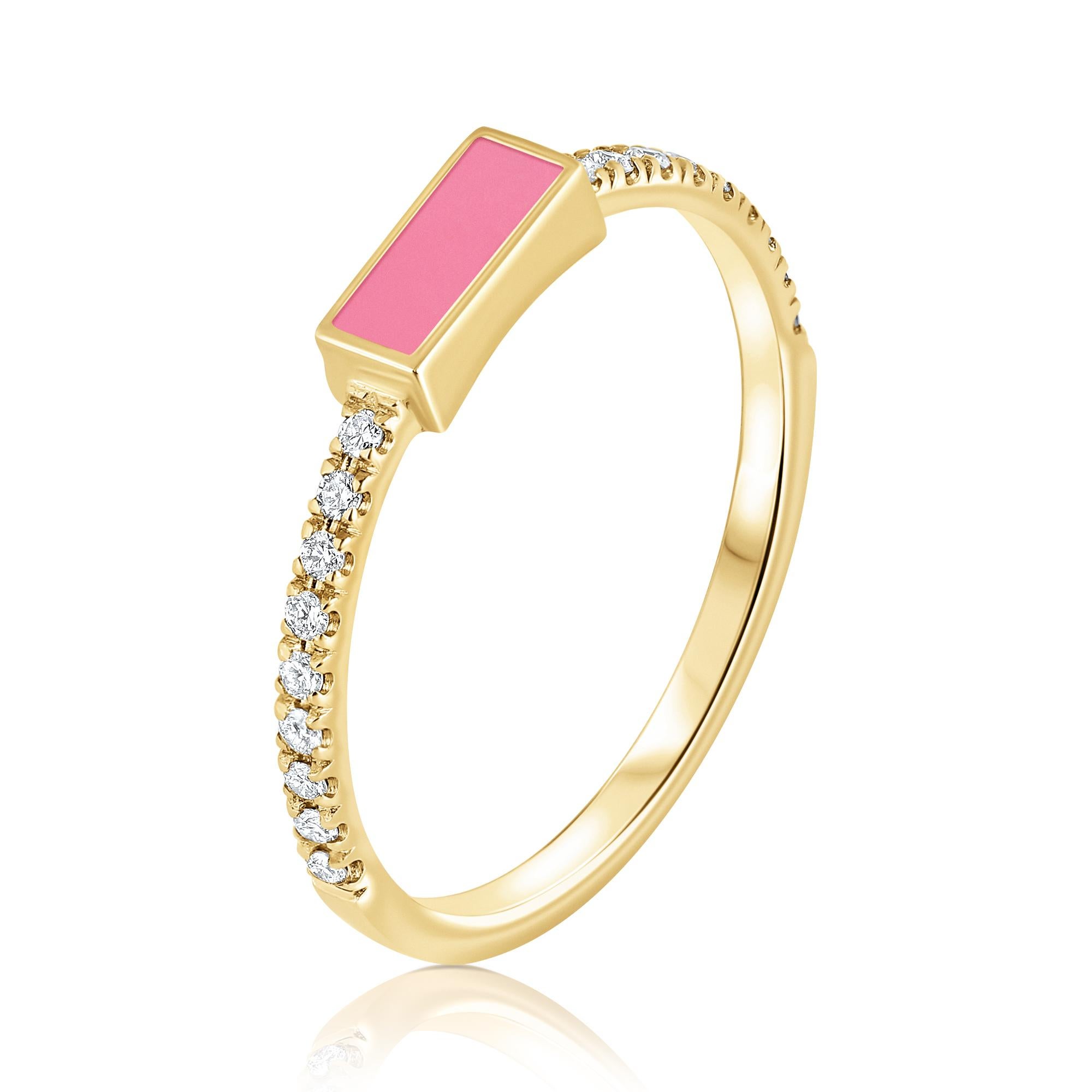 For Sale:  14K Yellow Gold Pave Diamond Pink Enamel Rectangle Ring Shlomit Rogel 2