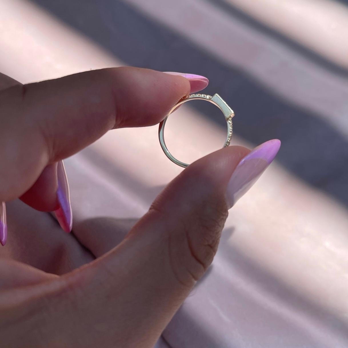 For Sale:  14K Yellow Gold Pave Diamond Pink Enamel Rectangle Ring Shlomit Rogel 7