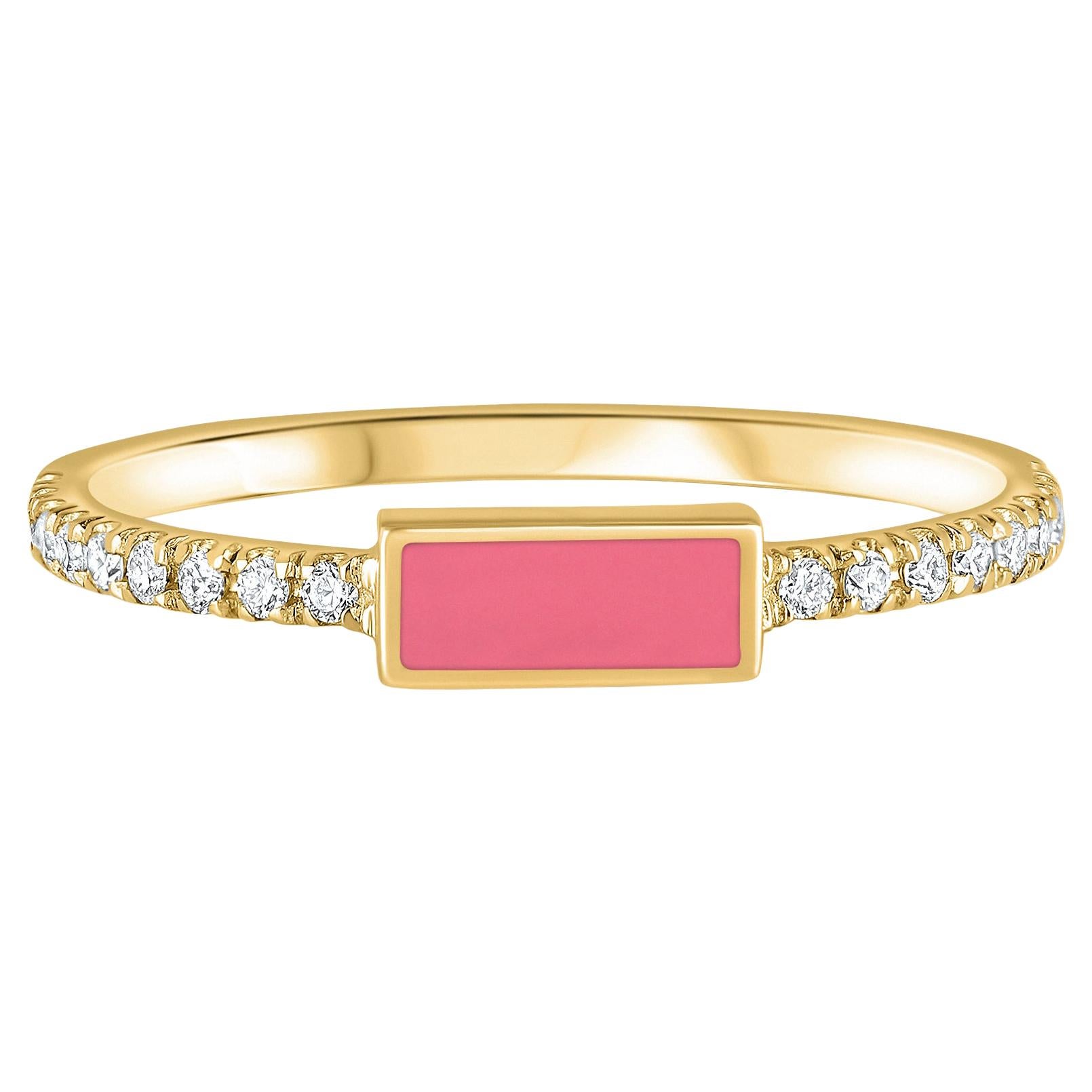 Rechteckiger Shlomit Rogel-Ring aus 18 Karat Gelbgold mit Pavé-Diamant und rosa Emaille