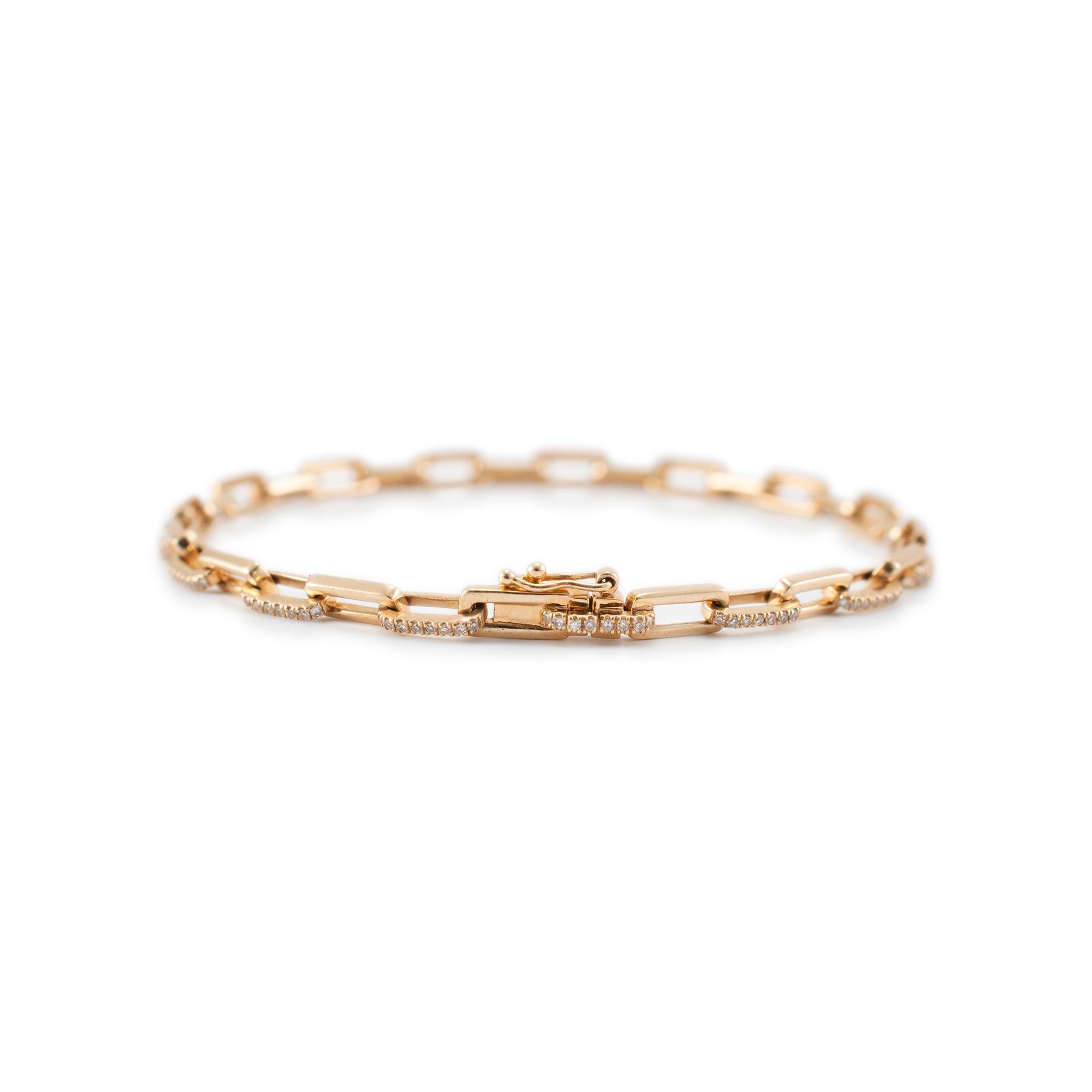 Geschlecht: Unisex

Metall Typ: 14K Gelbgold 

L�änge: 6,75 Zoll 

Breite: 3,60 mm

Gewicht: 7.35 Gramm

Ein Gliederarmband aus 14 Karat Gelbgold mit Diamanten. Das Metall wurde getestet und es wurde festgestellt, dass es sich um 14 Karat Gelbgold