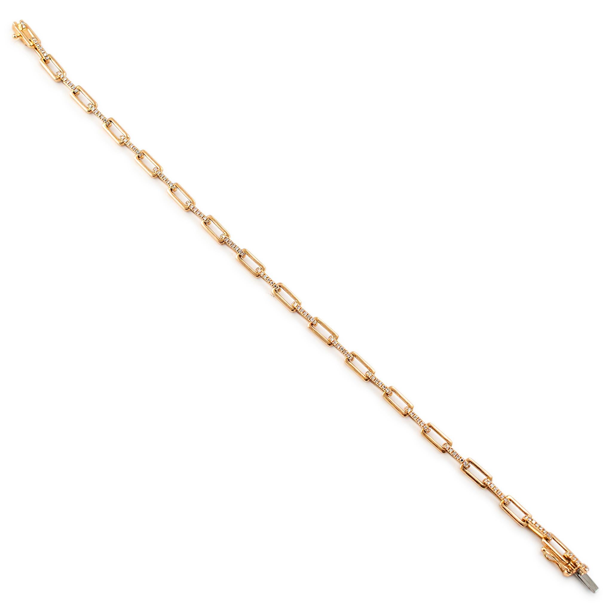14K Gelbgold Pave Diamant Rechteckiges Papier-Clip-Gliederarmband (Einfacher Schliff)