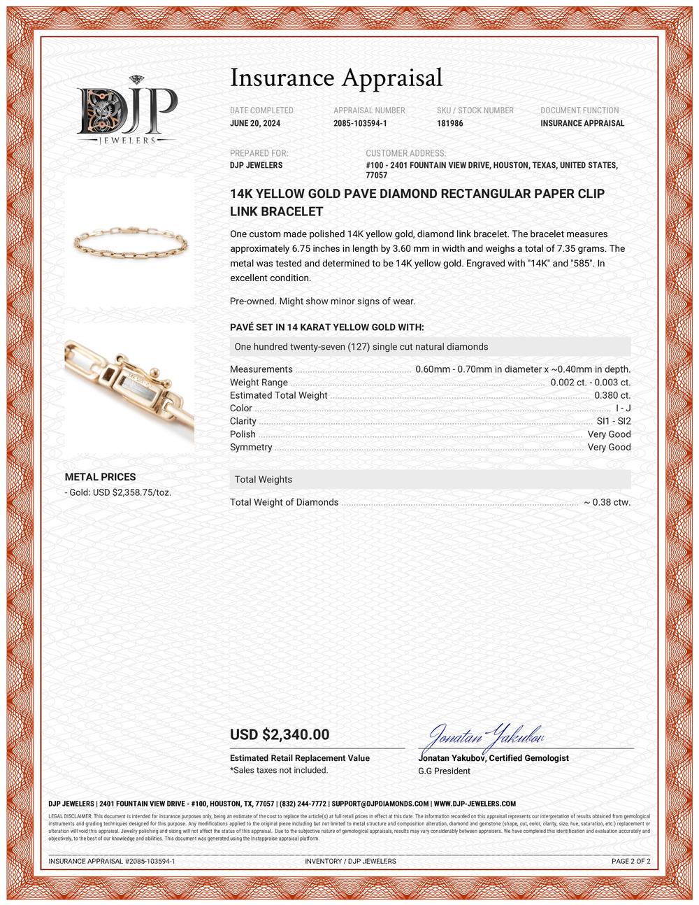 14K Gelbgold Pave Diamant Rechteckiges Papier-Clip-Gliederarmband 2