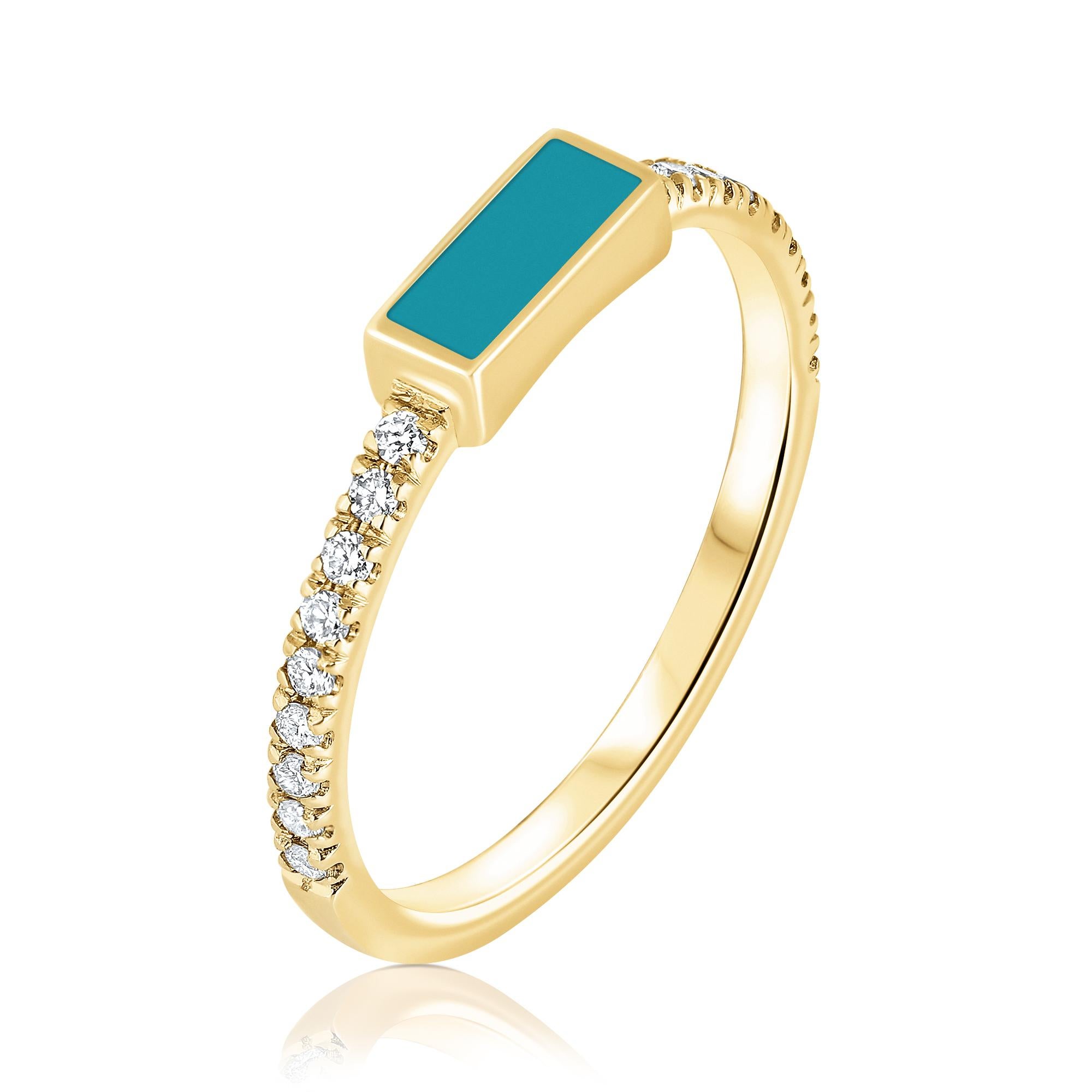 En vente :  Shlomit Rogel, bague rectangulaire en or jaune 14 carats pavé de diamants, turquoises et émail 2