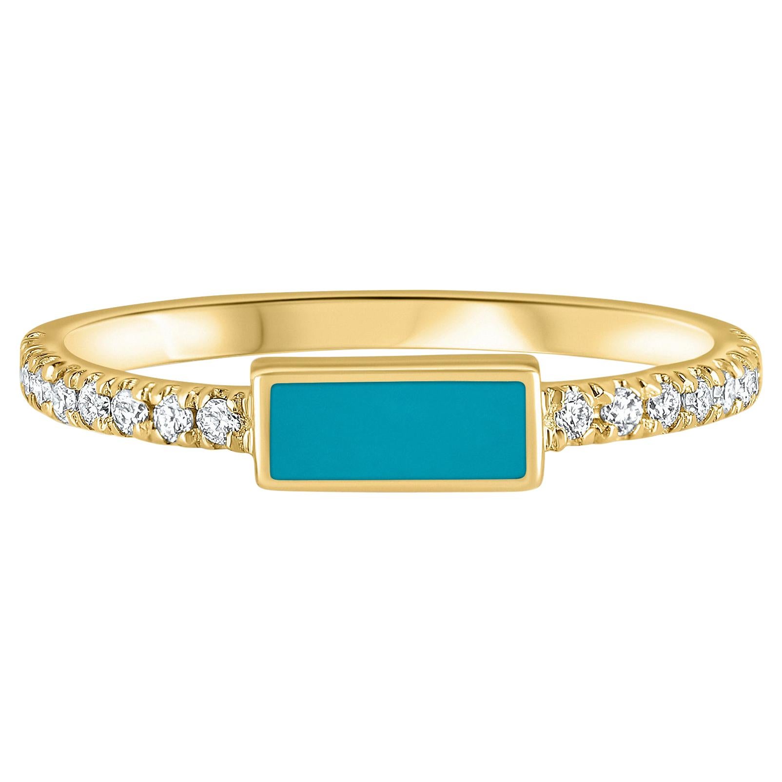 For Sale:  14K Yellow Gold Pave Diamond Turquoise Enamel Rectangle Ring, Shlomit Rogel