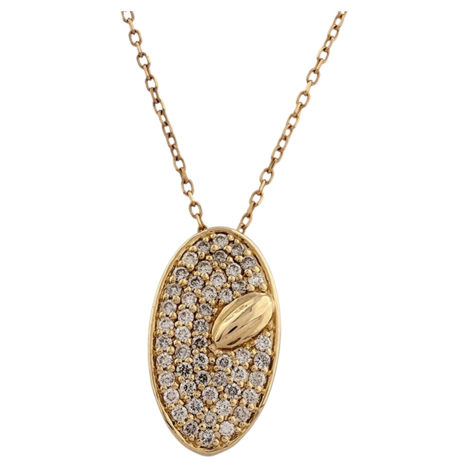 14K Yellow Gold Pave Round Cut Diamond Oval Shield Pendant Necklace