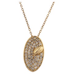 14K Yellow Gold Pave Round Cut Diamond Oval Shield Pendant Necklace