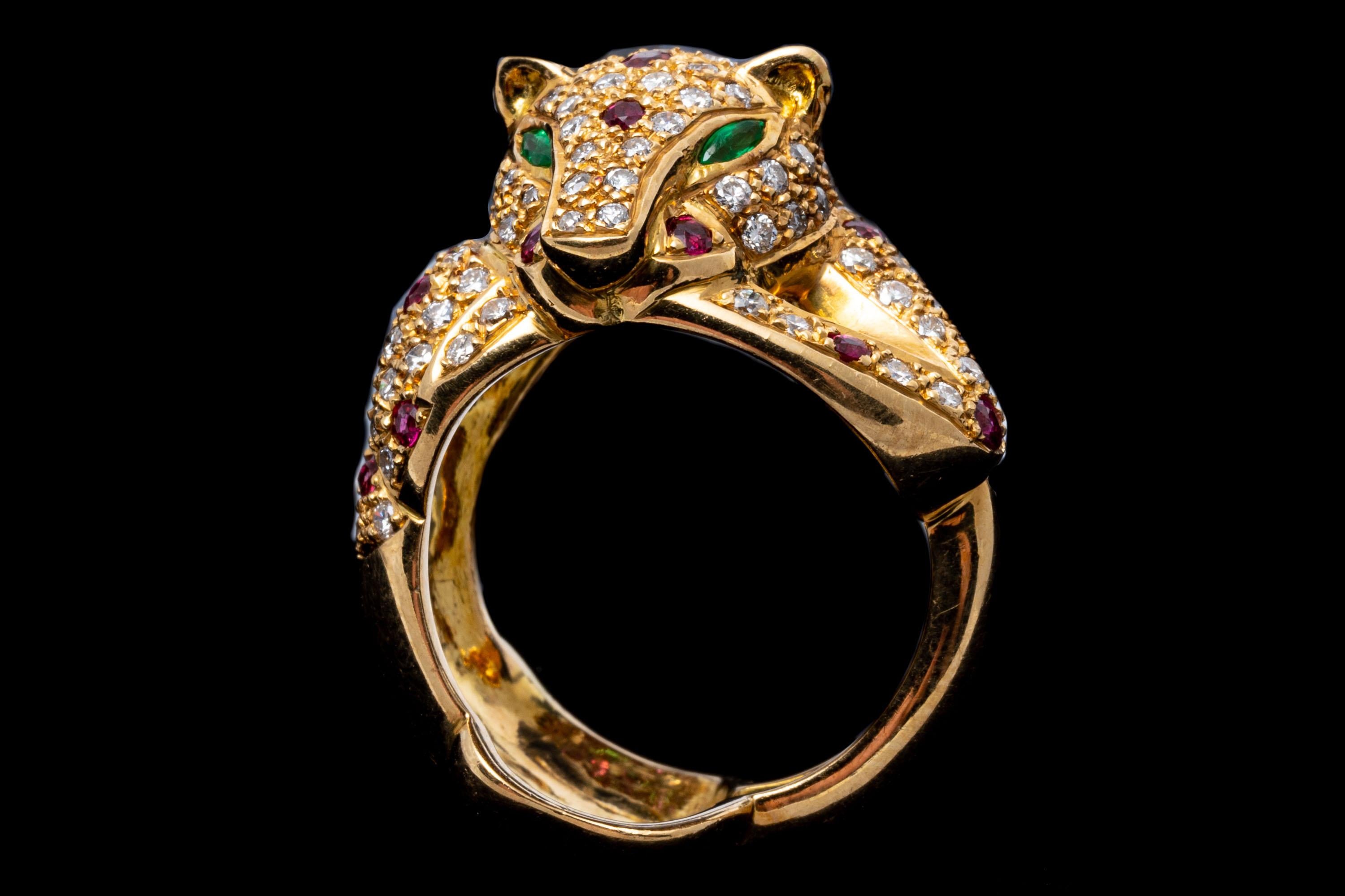 14k Yellow Gold Pave Ruby and Diamond Leopard Ring, App. 1.44 TCW For Sale 2