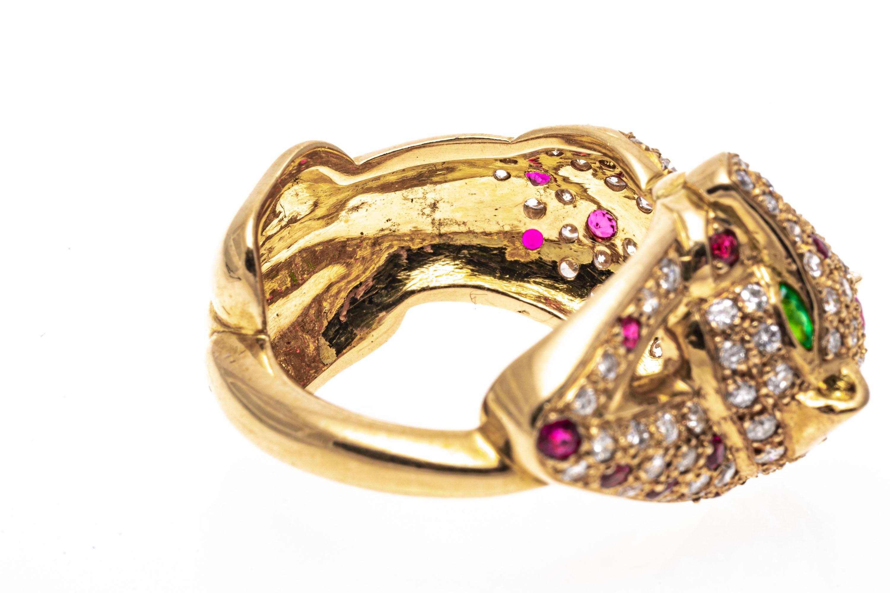 14k Yellow Gold Pave Ruby and Diamond Leopard Ring, App. 1.44 TCW For Sale 3