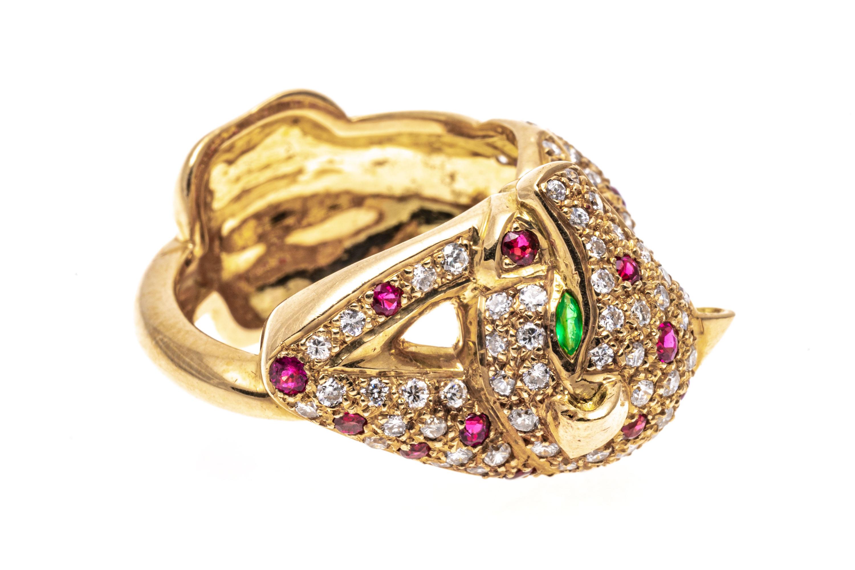 Contemporary 14k Yellow Gold Pave Ruby and Diamond Leopard Ring, App. 1.44 TCW For Sale