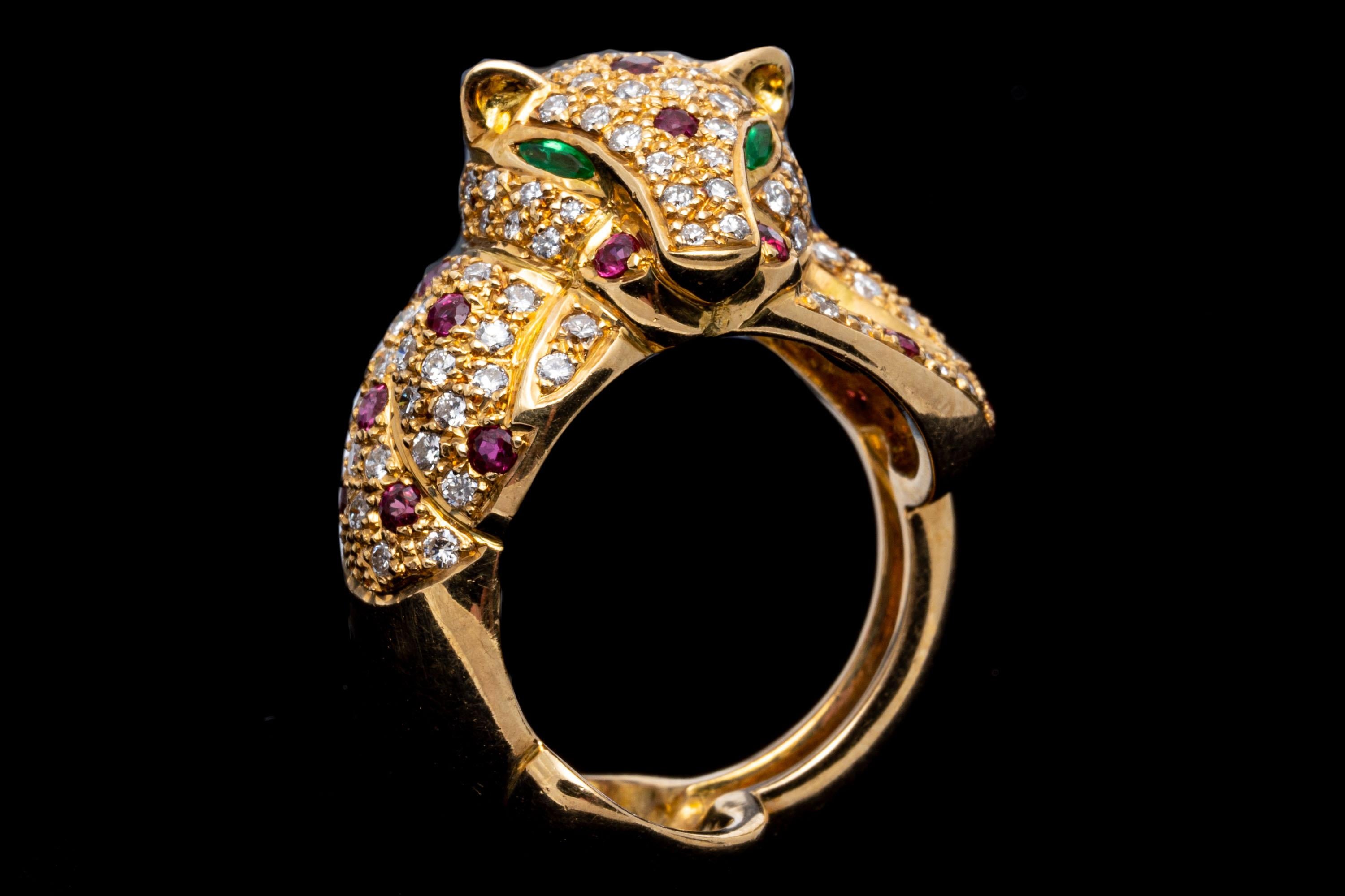 Women's 14k Yellow Gold Pave Ruby and Diamond Leopard Ring, App. 1.44 TCW For Sale
