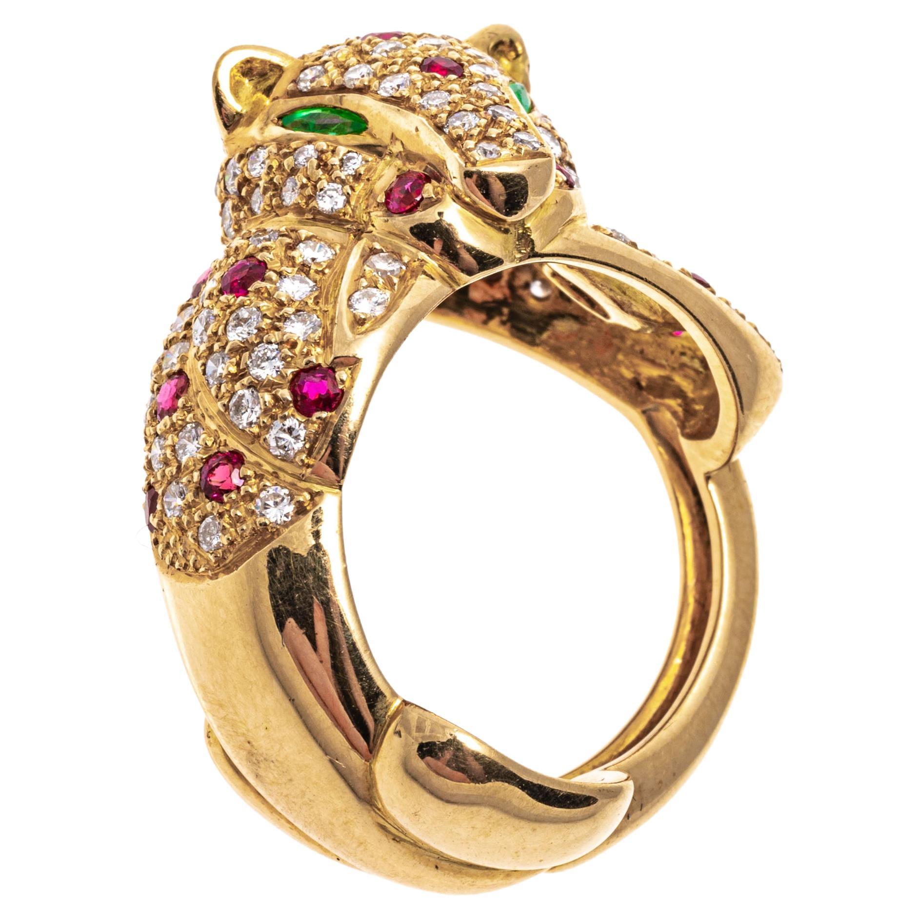 14k Yellow Gold Pave Ruby and Diamond Leopard Ring, App. 1.44 TCW For Sale