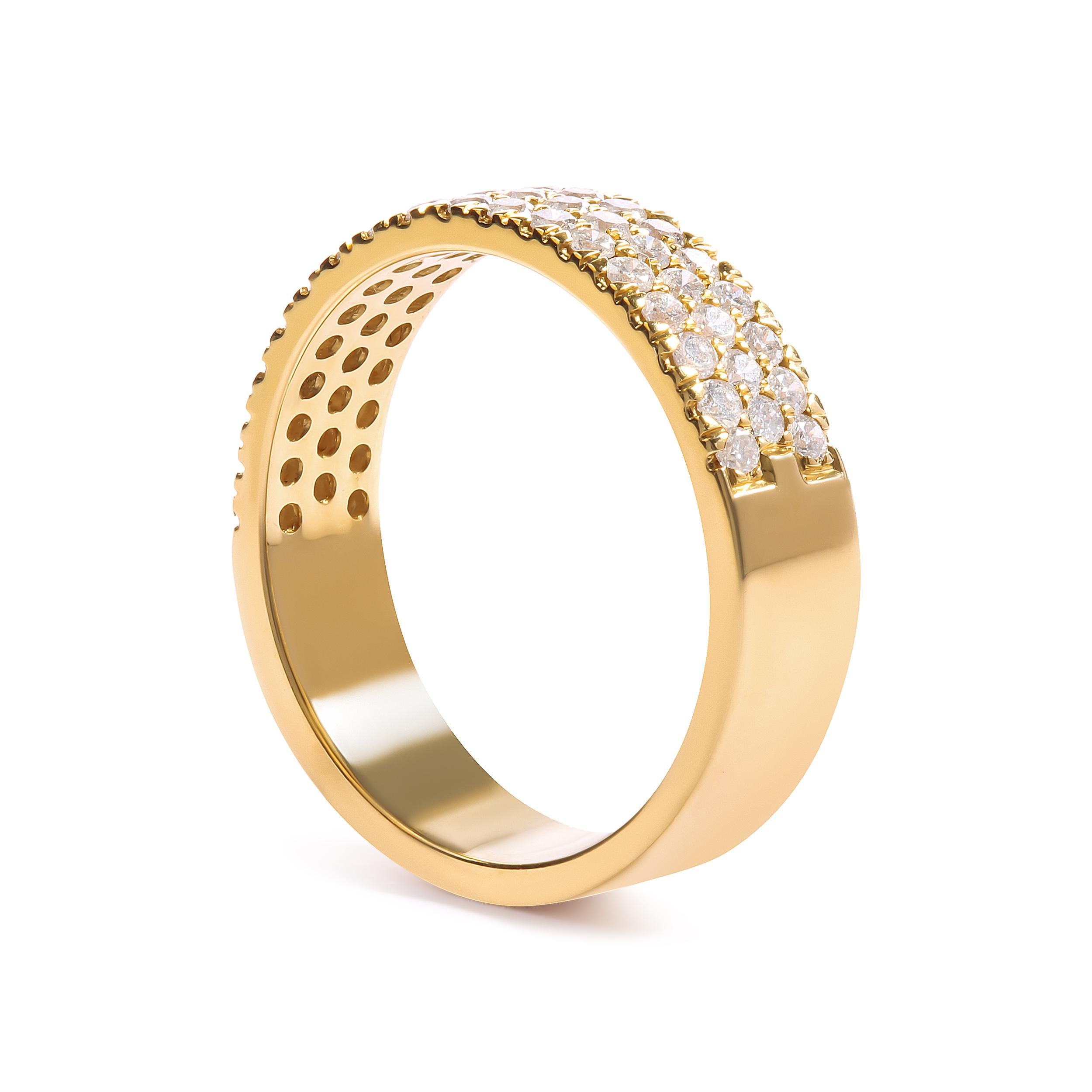 Indulge in the exquisite allure of this captivating diamond band ring, handcrafted in lustrous 14K yellow gold. This radiant piece showcases a magnificent display of natural round diamonds, totaling 3/4 carats, carefully set in a captivating pave