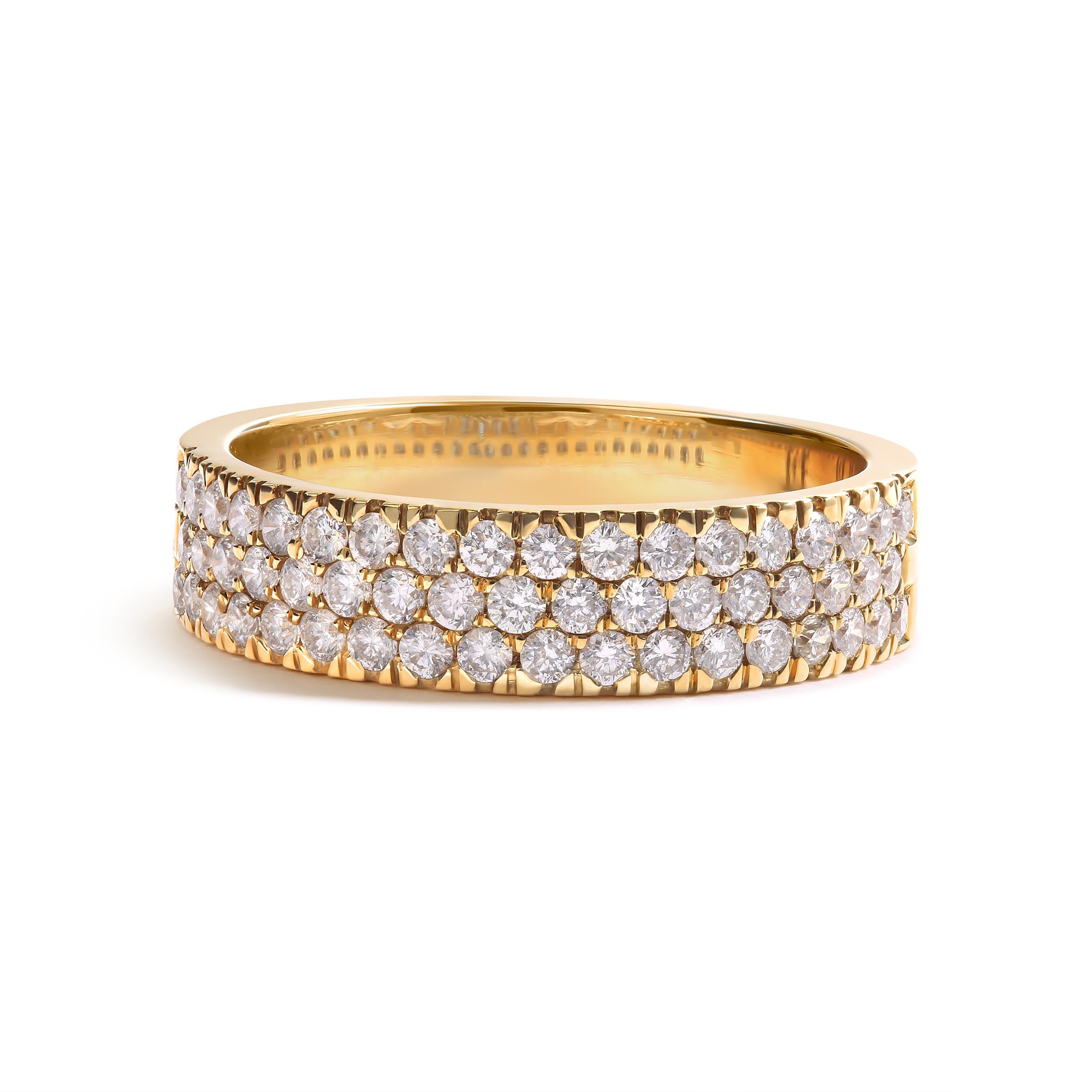 Modern 14K Yellow Gold Pave Set 3/4 Cttw Multi Row Diamond Band Ring For Sale