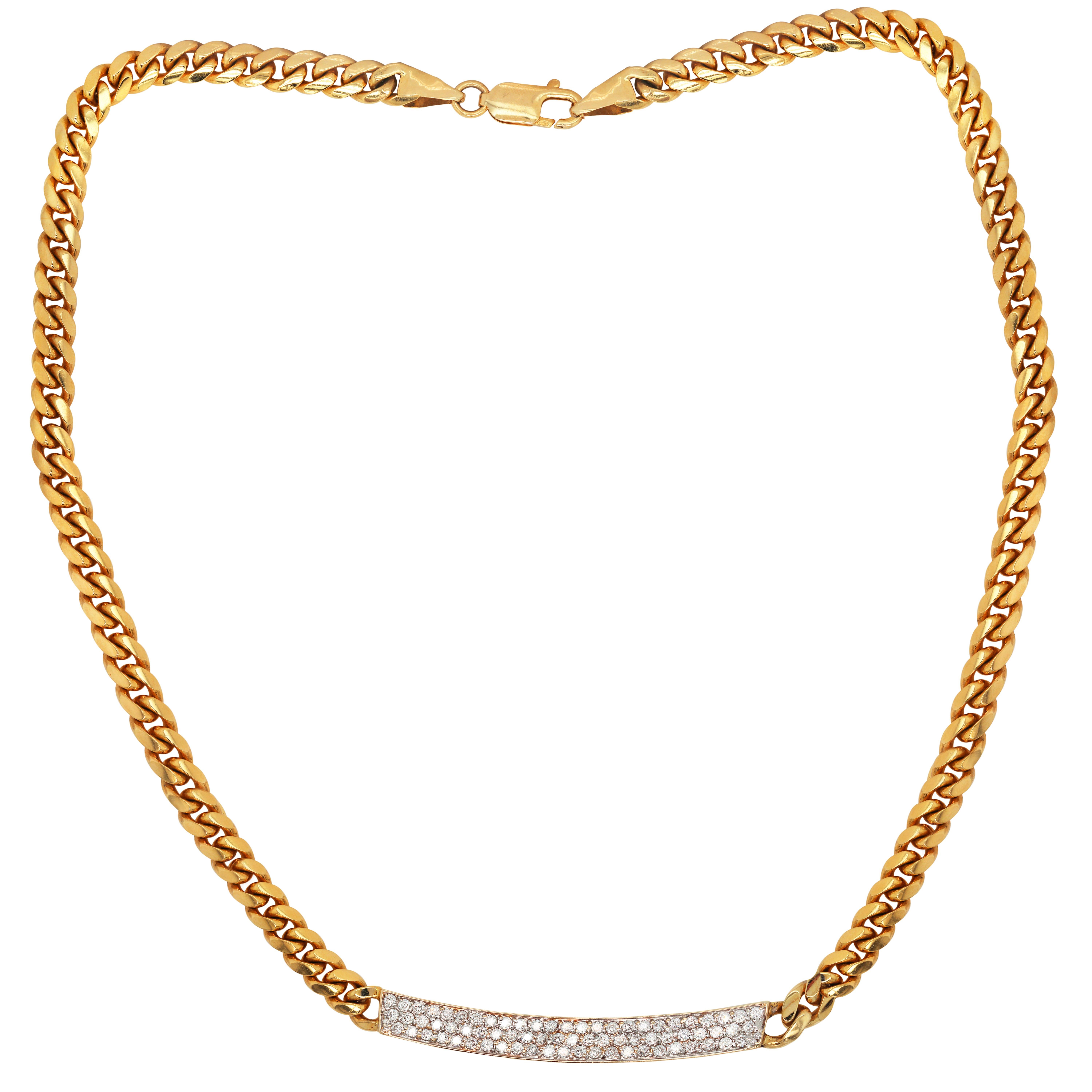 14K Yellow Gold Pavé Set Diamonds Bar Pendant Cuban Link Chain Necklace

3.75 carat G color, VS clarity diamonds total weight

Cuban Link Necklace is 18 inches in length. 6mm in width (0.23 inch).

61.60 grams total weight