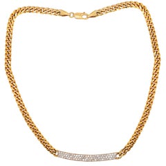 14 Karat Yellow Gold Pavé Set Diamonds Bar Pendant Cuban Link Chain Necklace