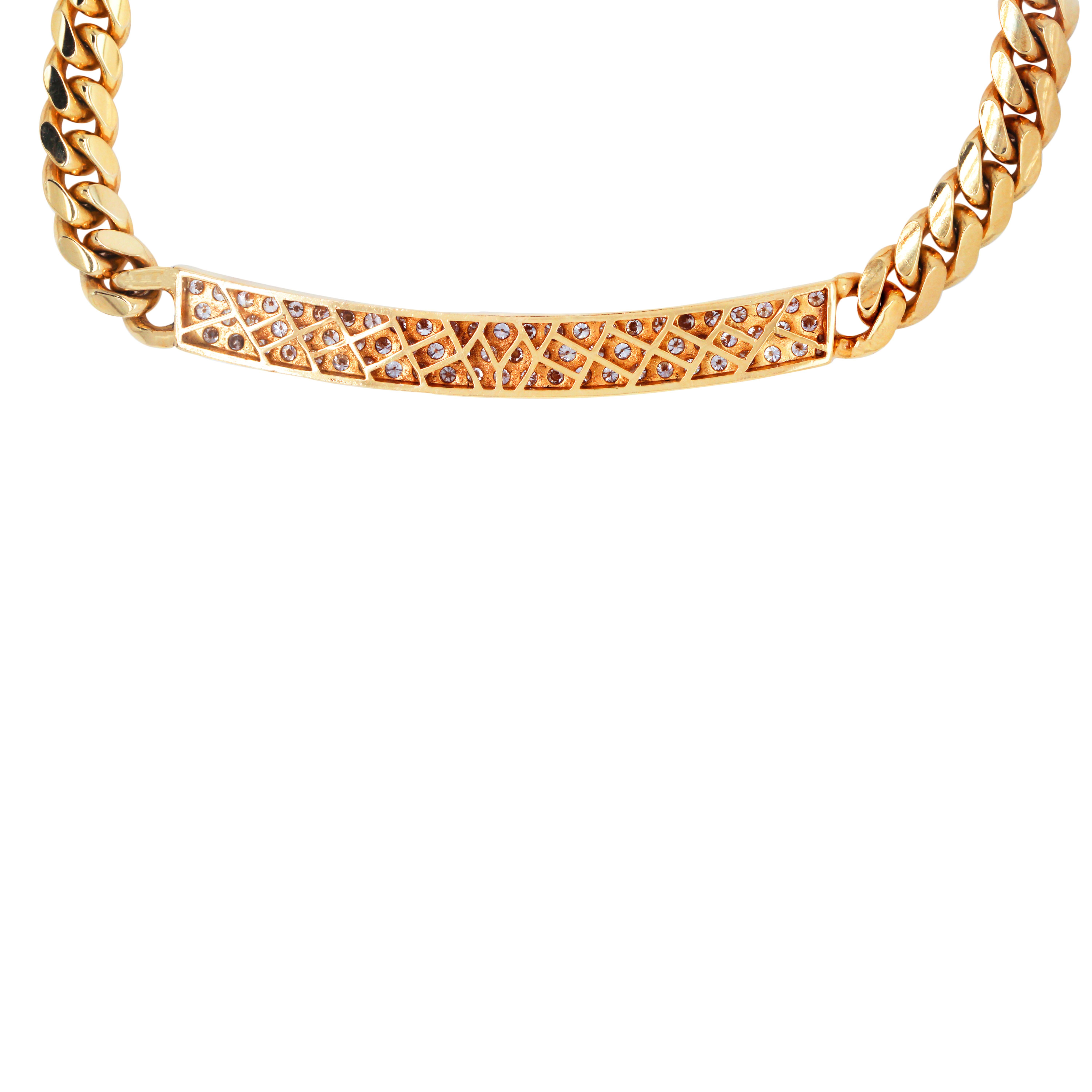 Contemporary 14 Karat Yellow Gold Pavé Set Diamonds Bar Pendant Cuban Link Chain Necklace For Sale