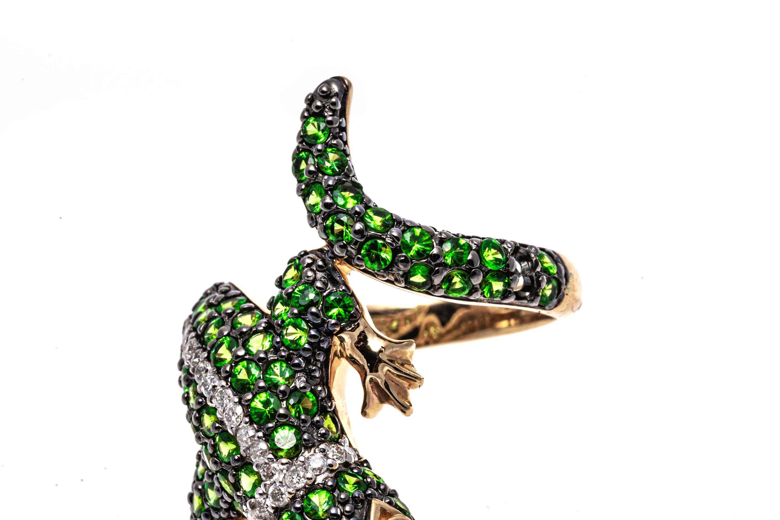 Round Cut 14k Yellow Gold Pave Tsavorite And Diamond Bypass Lizard Ring, Size 7.25 For Sale