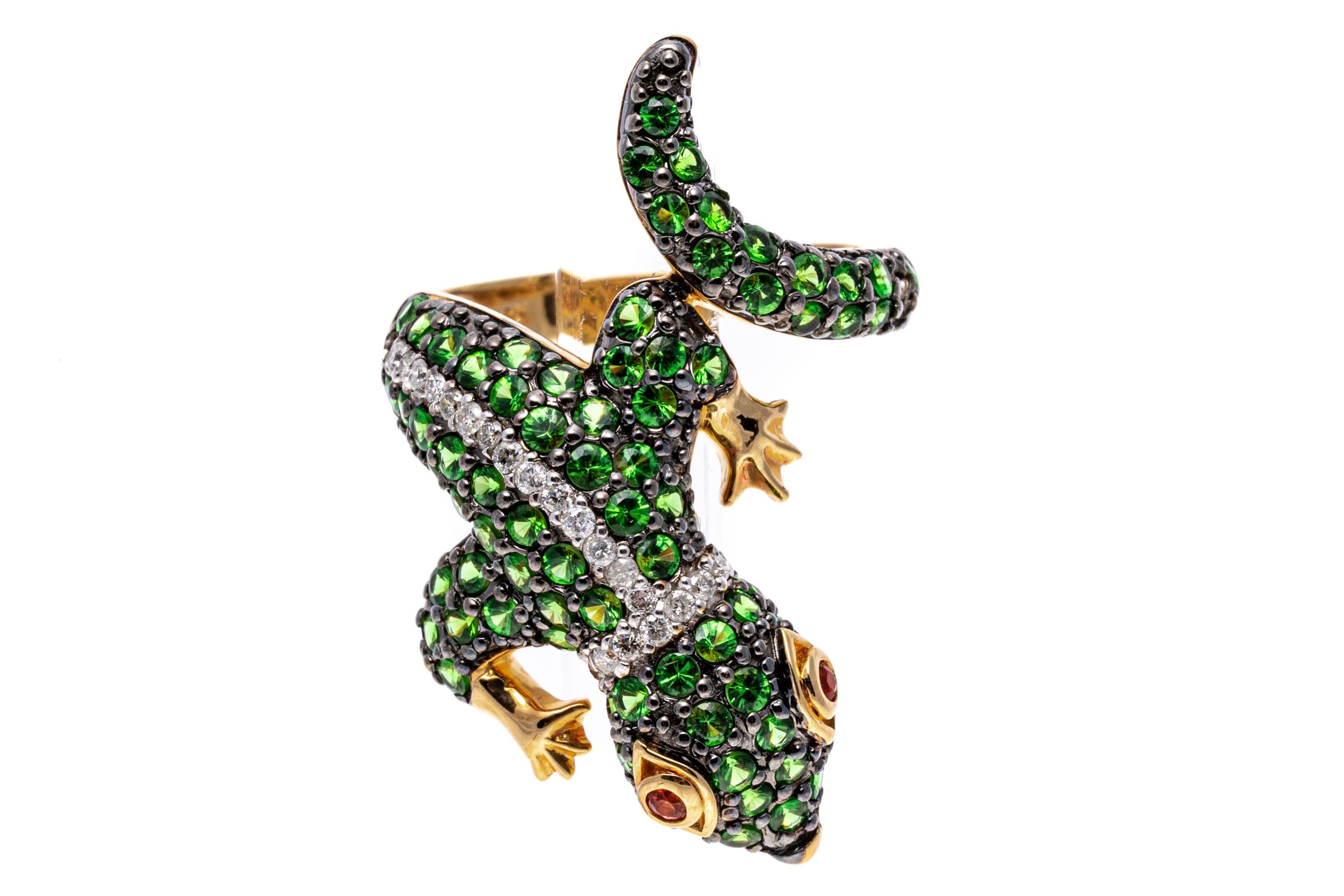 14k Yellow Gold Pave Tsavorite And Diamond Bypass Lizard Ring, Size 7.25 For Sale 2