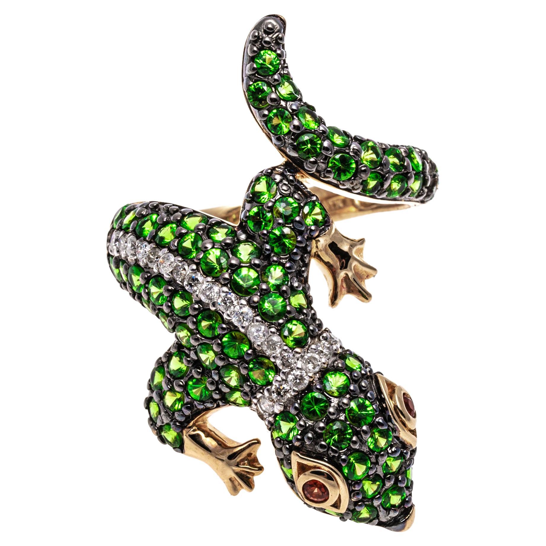 14k Yellow Gold Pave Tsavorite And Diamond Bypass Lizard Ring, Size 7.25 For Sale