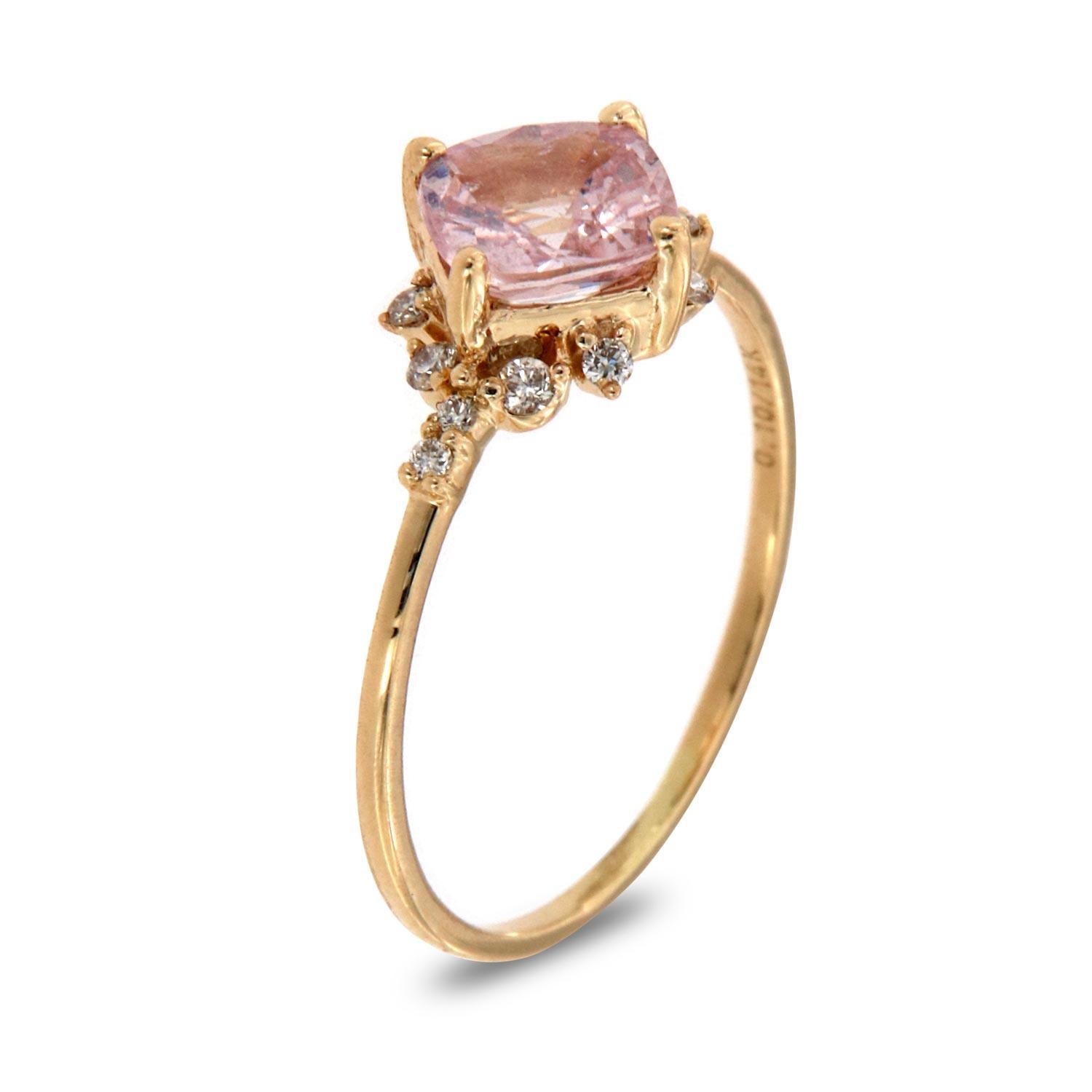 This petite fashion ring is impressive in its vintage appeal, featuring a natural None Heated GIA Certified peach/pink cushion shape sapphire, accented with round brilliant diamonds. Experience the difference in person!

Product details: 

Center