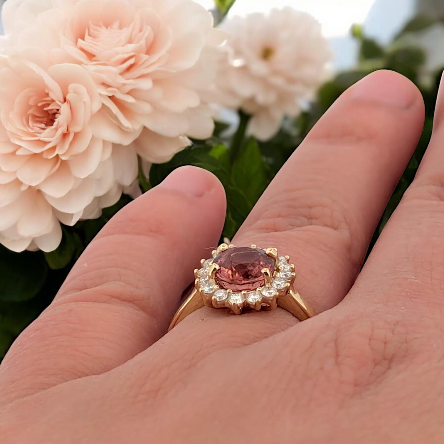 Modern Calista  14K Yellow Gold Peach Tourmaline & Diamond Ring  Elegant Gemstone For Sale