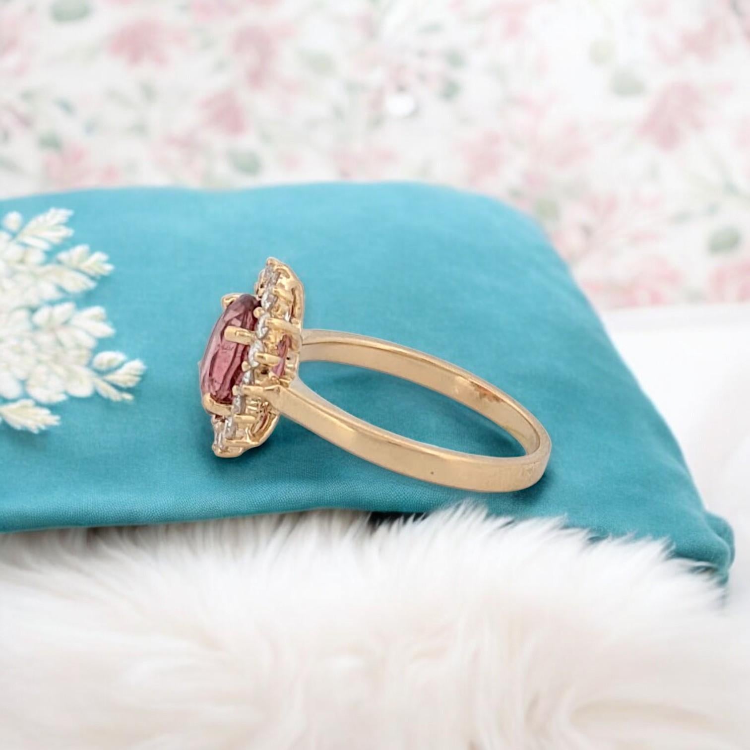 Calista  14K Yellow Gold Peach Tourmaline & Diamond Ring  Elegant Gemstone For Sale 1