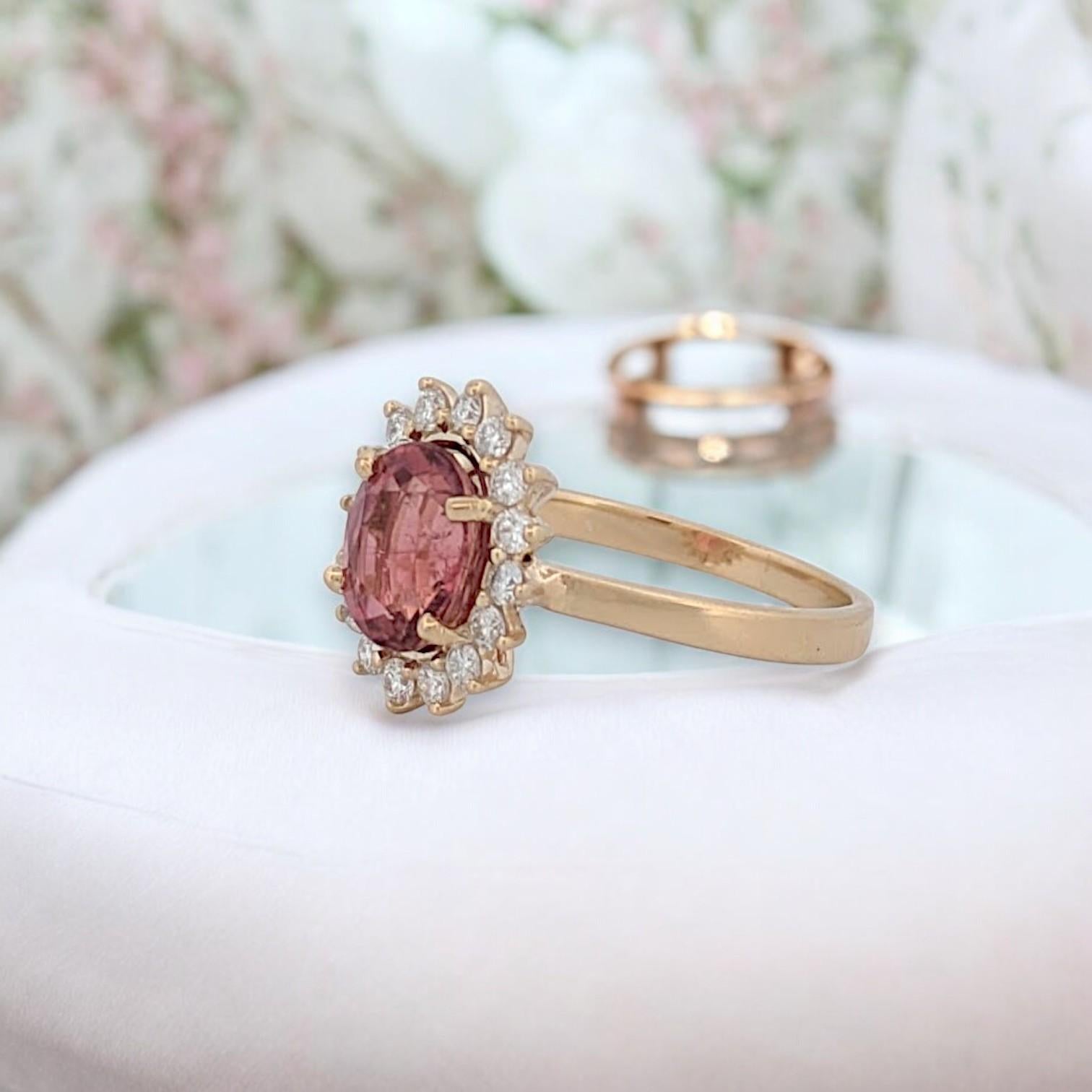 Calista  14K Yellow Gold Peach Tourmaline & Diamond Ring  Elegant Gemstone For Sale 2