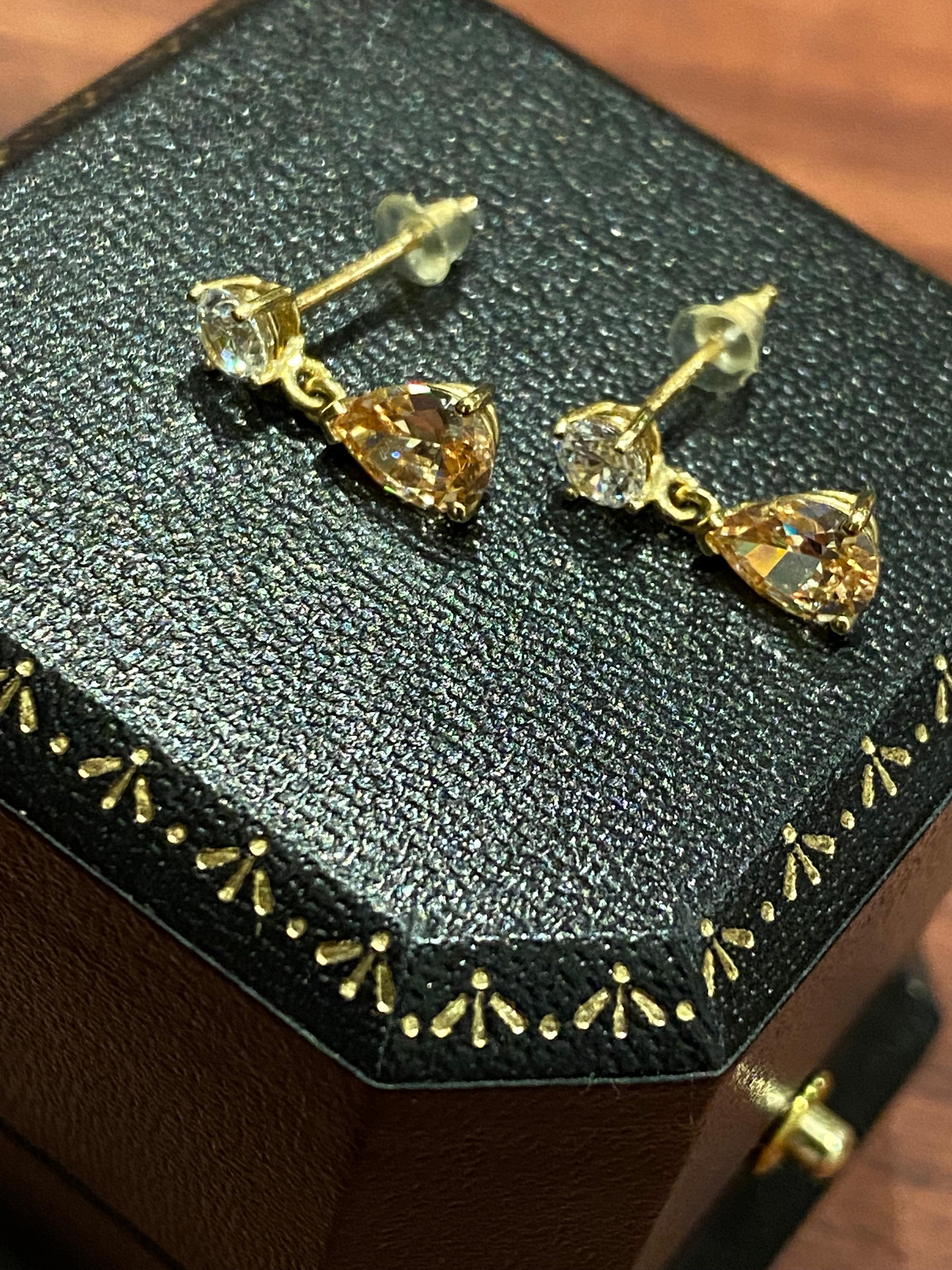 Women's 14K Yellow Gold & Peach & White CZ Vintage 15mm Drop Earrings For Sale