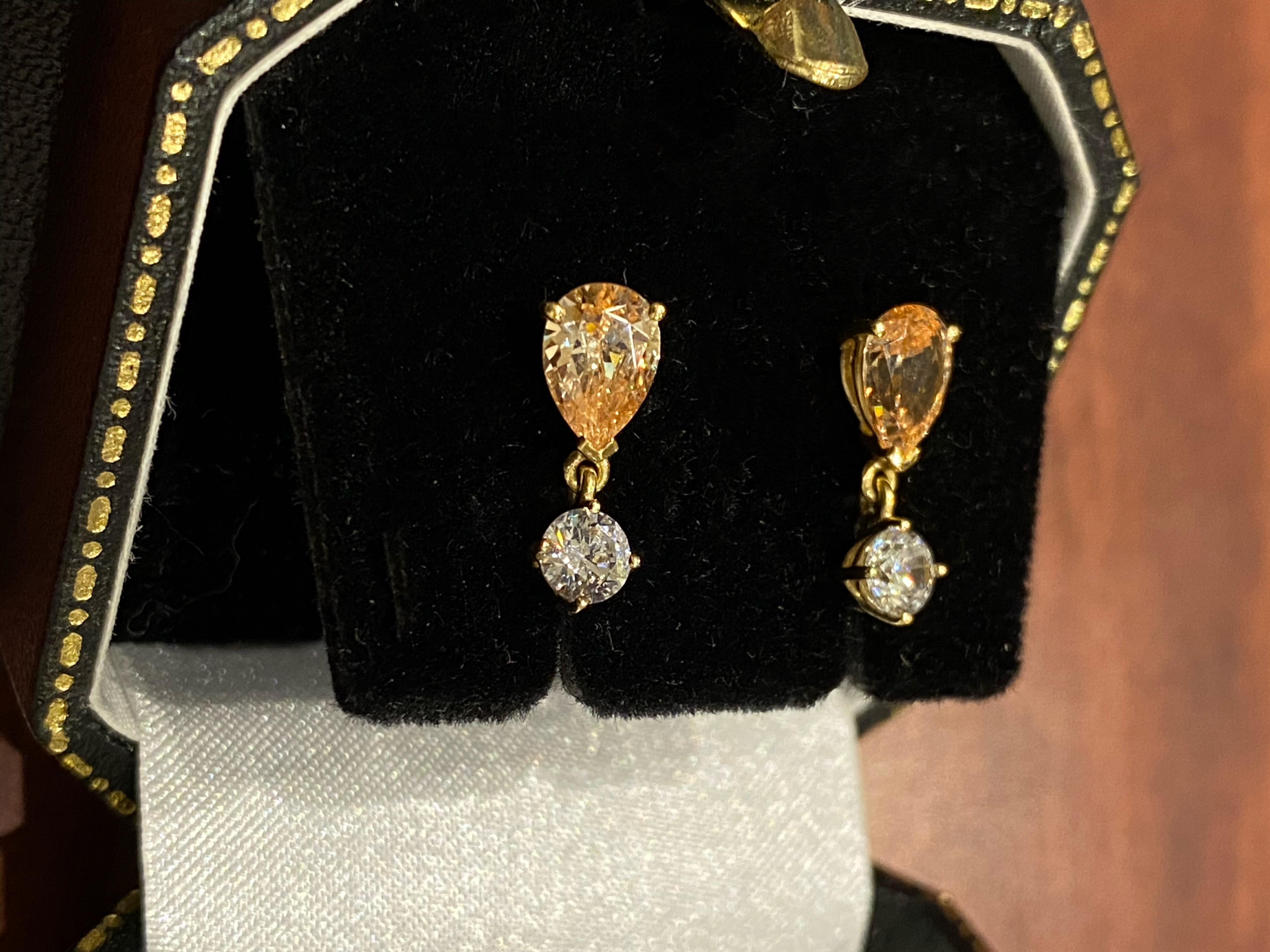 14K Yellow Gold & Peach & White CZ Vintage 15mm Drop Earrings For Sale 4