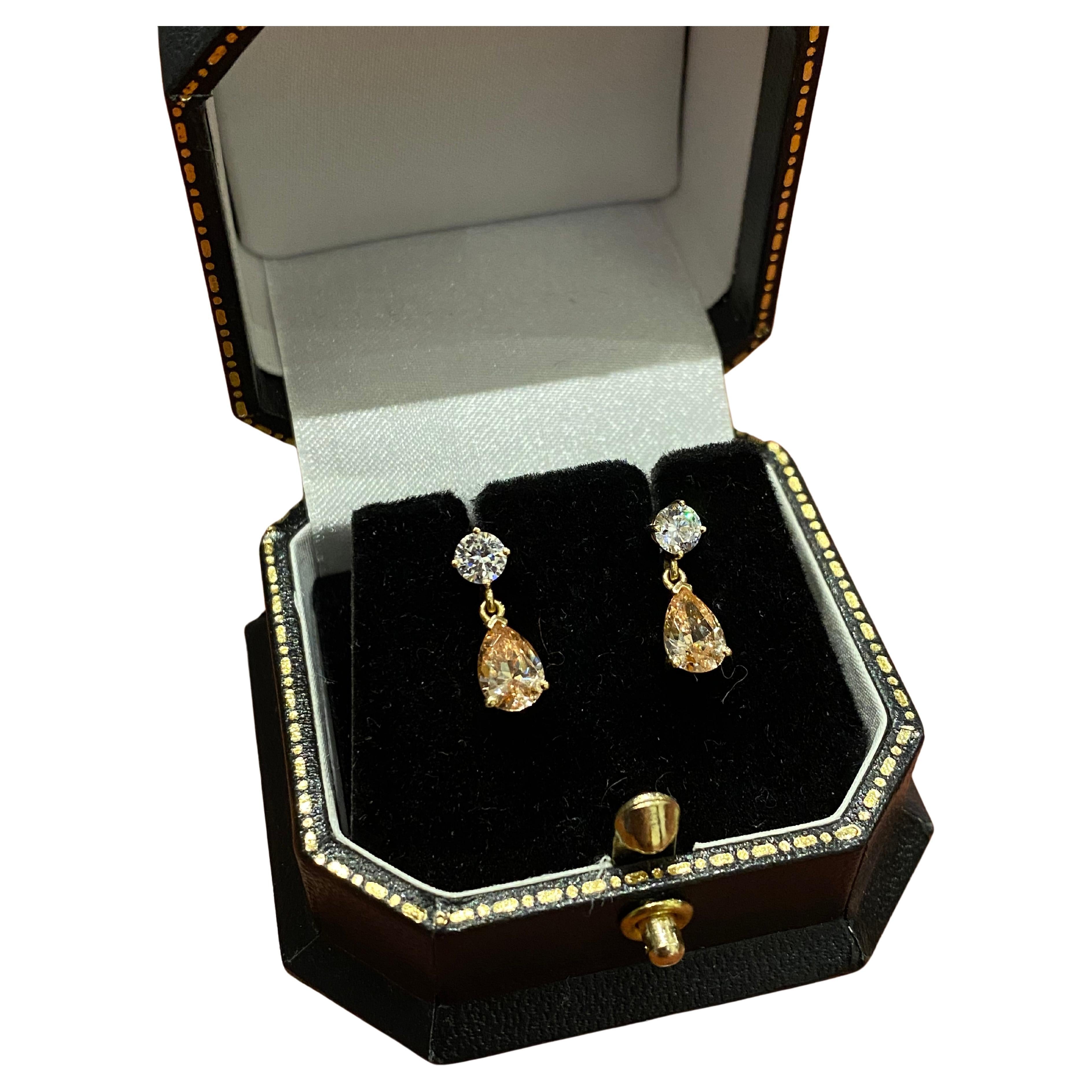 14K Yellow Gold & Peach & White CZ Vintage 15mm Drop Earrings For Sale