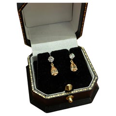 Boucles d'oreilles pendantes vintage 15 mm en or jaune 14K et CZ blanc et pêche