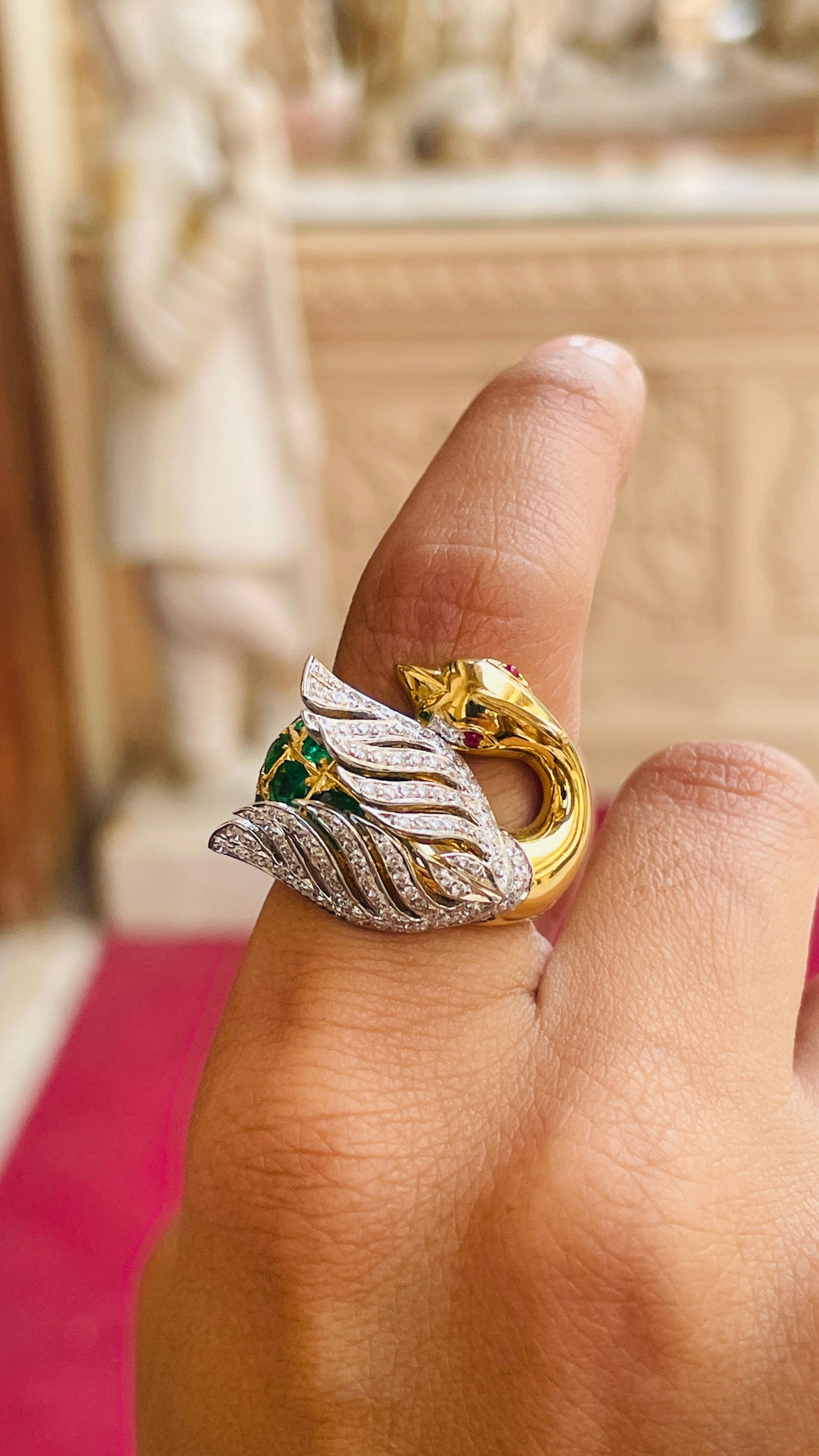 Emerald, Ruby and Diamond Peacock Cocktail Ring in 14kt Solid Yellow Gold In New Condition In Houston, TX