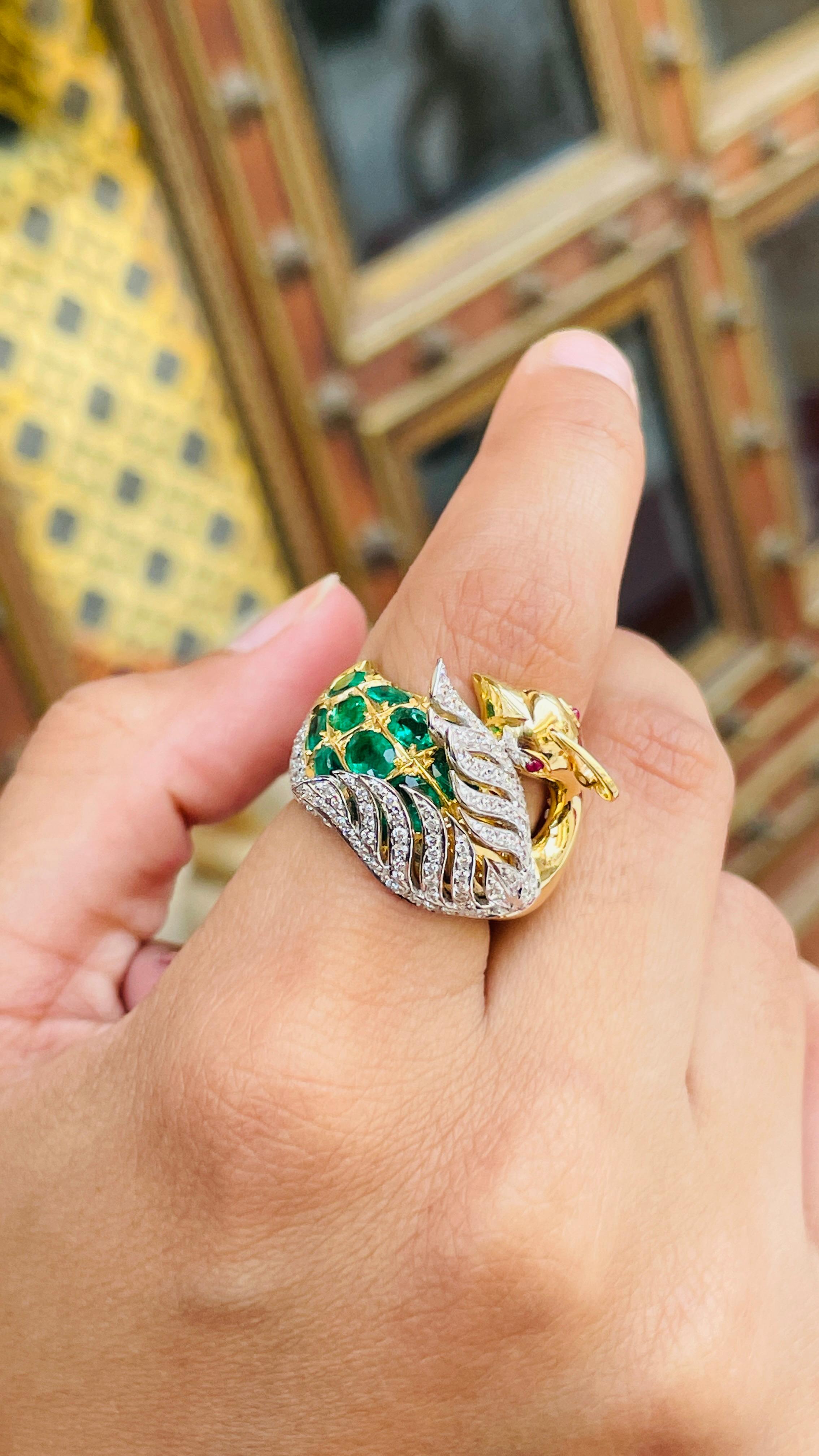 Emerald, Ruby and Diamond Peacock Cocktail Ring in 14kt Solid Yellow Gold 1