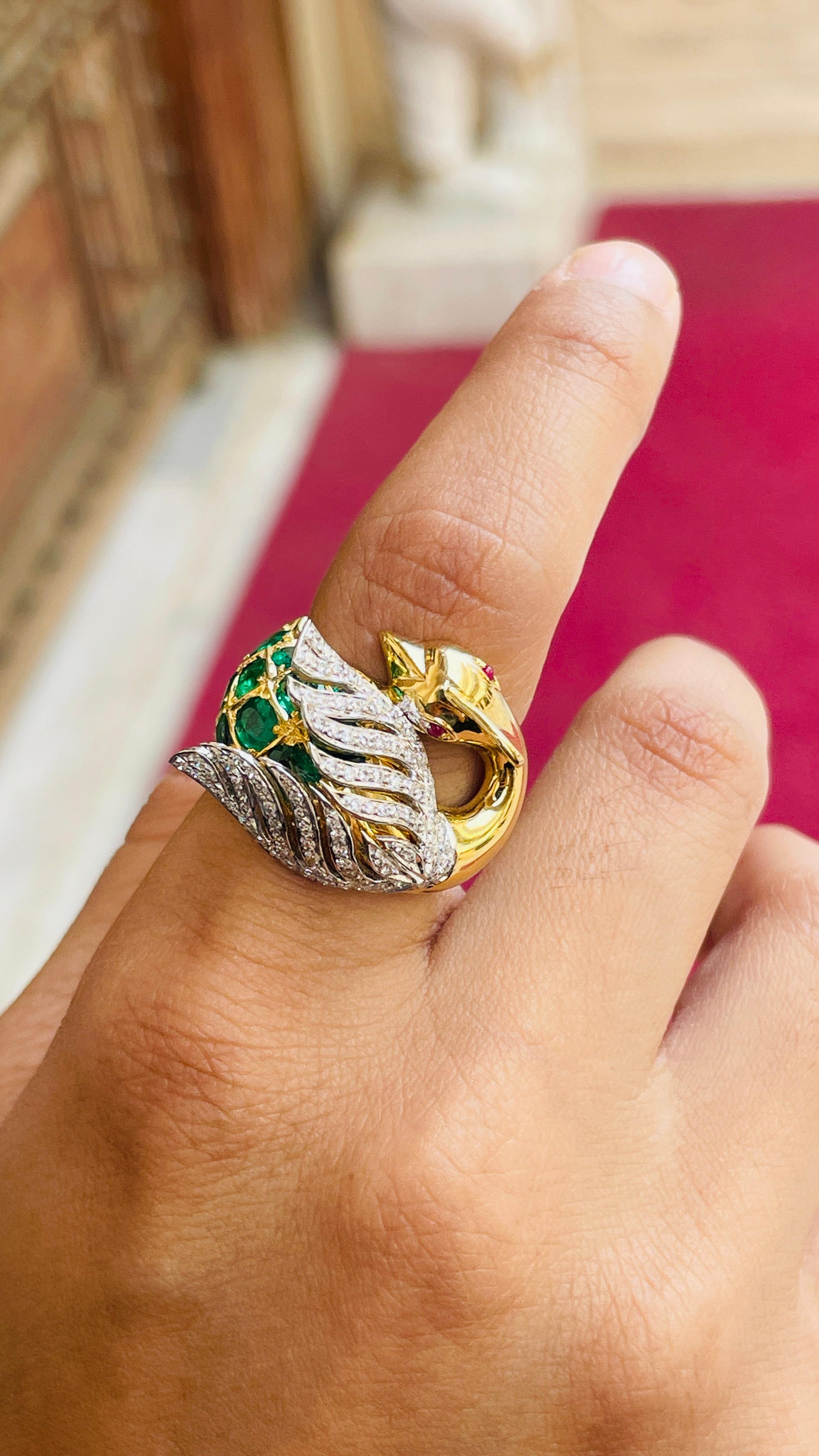 Emerald, Ruby and Diamond Peacock Cocktail Ring in 14kt Solid Yellow Gold 3