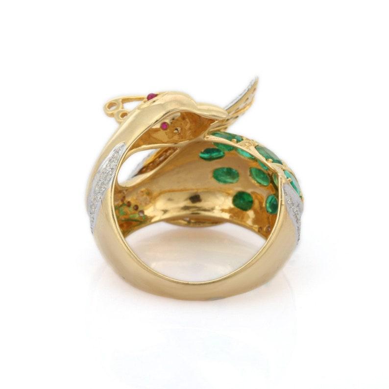 Artisan Emerald, Ruby and Diamond Peacock Cocktail Ring in 14kt Solid Yellow Gold
